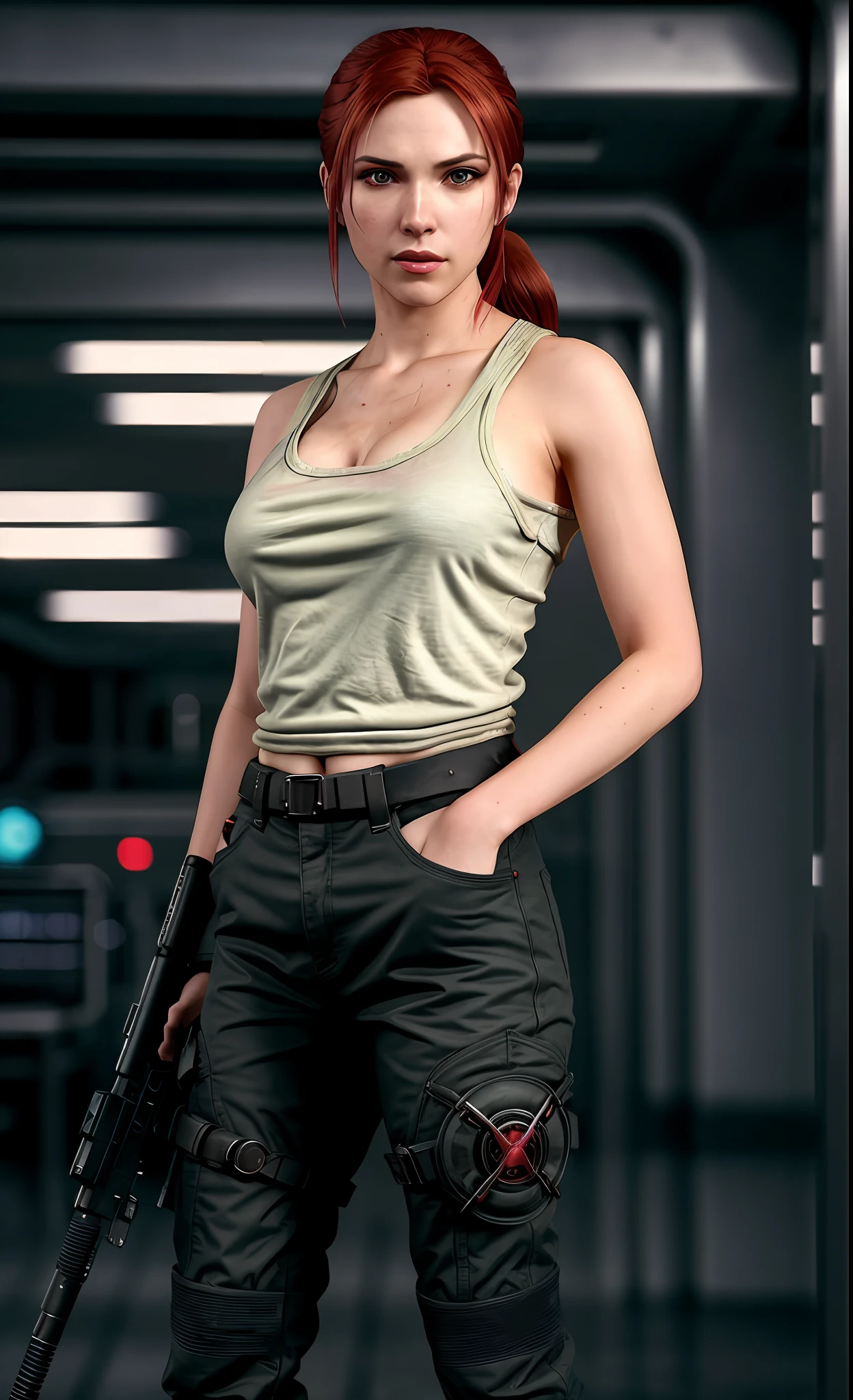 Style-BladeRunner2049-8v:0.7, a realistic photo of 1 mature woman, sexy woman Grace Fulton extremely detailed in Claire Redfield's resident evil costume in white color with red and black details, full body, military pants, tank top, no jacket, military fingerless gloves, cyberpunk nightscape, street with neon lights, light sparkles, science fiction world, full body, red hair, ponytail, detailed face, detailed eyes, detailed nose, detailed mouth, closed mouth, best quality, highres,