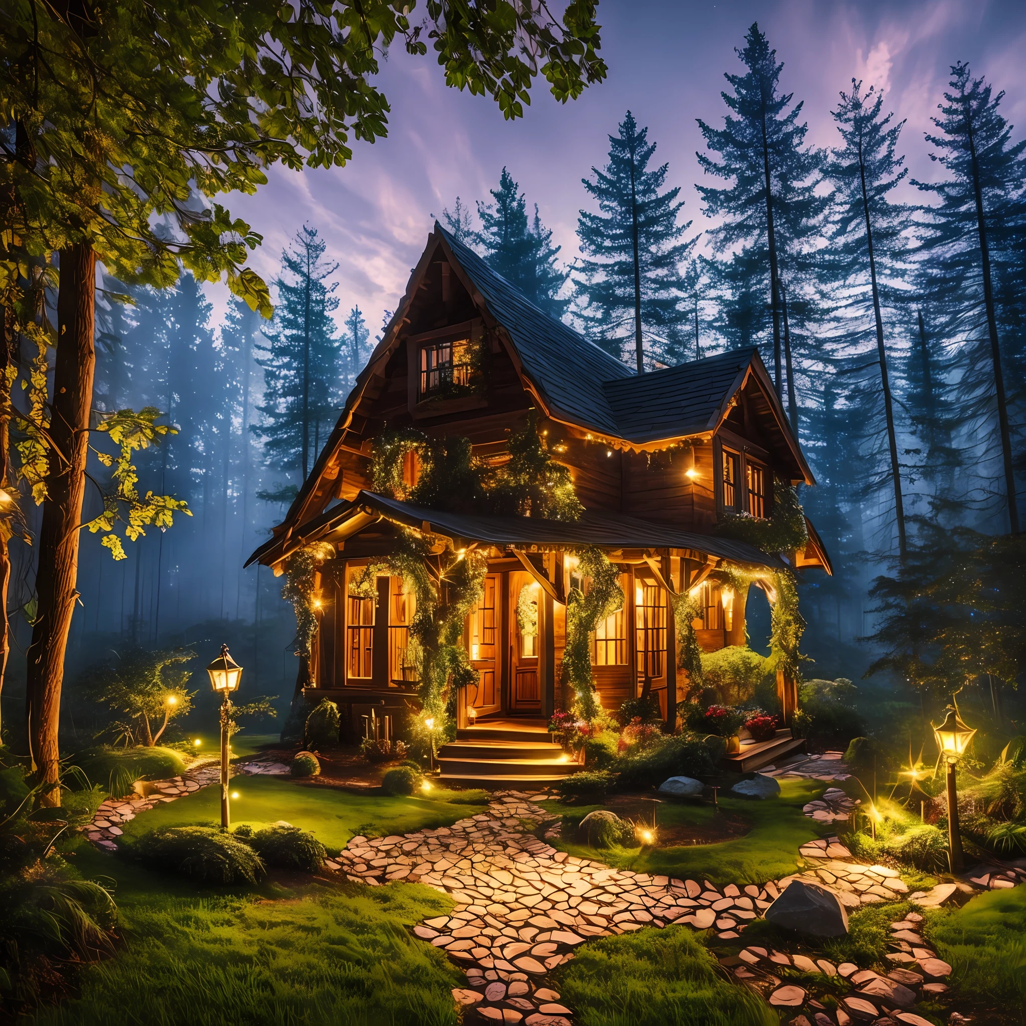 magic house in forest, fairy lights ultrarealistic, fantasy --auto --s2