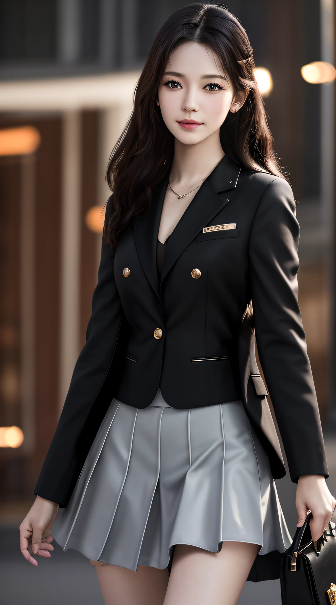 best quality, masterpiece, 1girl, Beautiful face, (photo realistic:1.3), rim lighting, (high detailed skin:1.2), 8k uhd, dslr, high quality, high resolution, 4k, 8k, Bokeh,  absurdres, best ratio four finger and one thumb, (realistic:1.3), cute 1girl, wearing black formal blazer, medium breasts, short skirt,