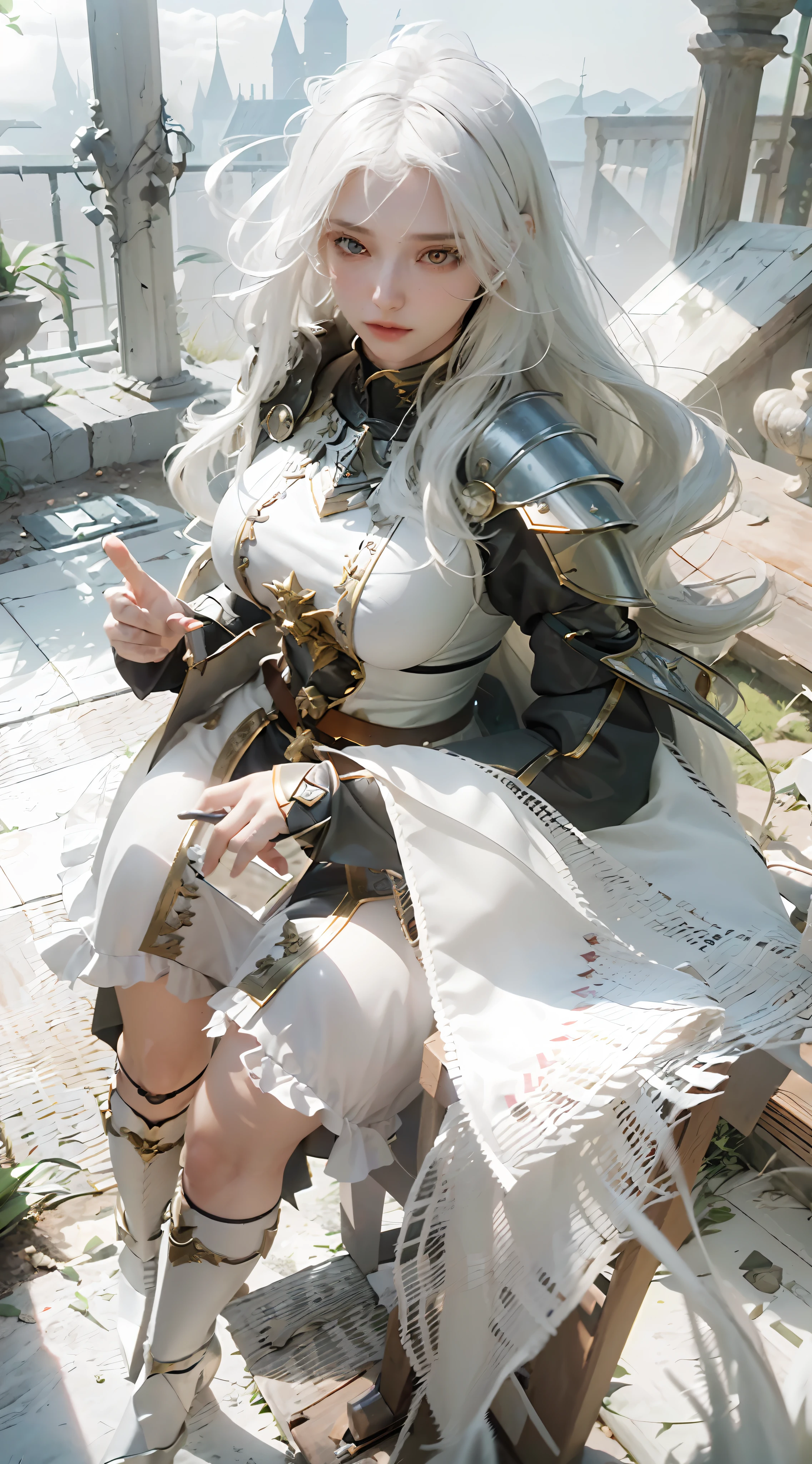 ((Best Quality)), ((Masterpiece)), (Details: 1.4), 3D, A Beautiful Female Knight, (Long White Hair: 1.9), (Red Eyes: 1.7), Wearing Armor, Sabre, Temple, HDR (High Dynamic Range), Ray Tracing, NVIDIA RTX, Super-Resolution, Unreal 5, Subsurface Scattering, PBR Texture, Post-processing, Anisotropic Filtering, Depth of Field, Maximum Sharpness and Clarity, Multi-layer textures, albedo and specular mapping, surface shading, accurate simulation of light-material interactions, perfect proportions, Octane Render, two-color light, large aperture, low ISO, white balance, rule of thirds, 8K RAW,