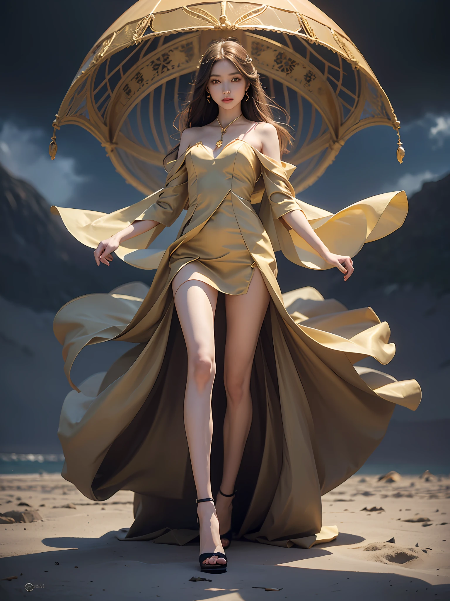 Best Quality, Masterpiece, Ultra High Resolution, (Realistic: 1.4), Original Photo, (Elongated Legs), (Beautiful Hands), 1 Girl, Solo, Standing, ((Extra Long Dress: 1.5)), In the Dark, Deep Shadows, (Jimmy Choo), (Floating Color Wind: 1), (Full Body), Perfect Big Eyes, Charming Big Eyes, Perfect Face, Beach, Sea, Smile, Low Profile, Slim Figure, ((Golden Ratio Figures)), ((Perfect Long Legs))