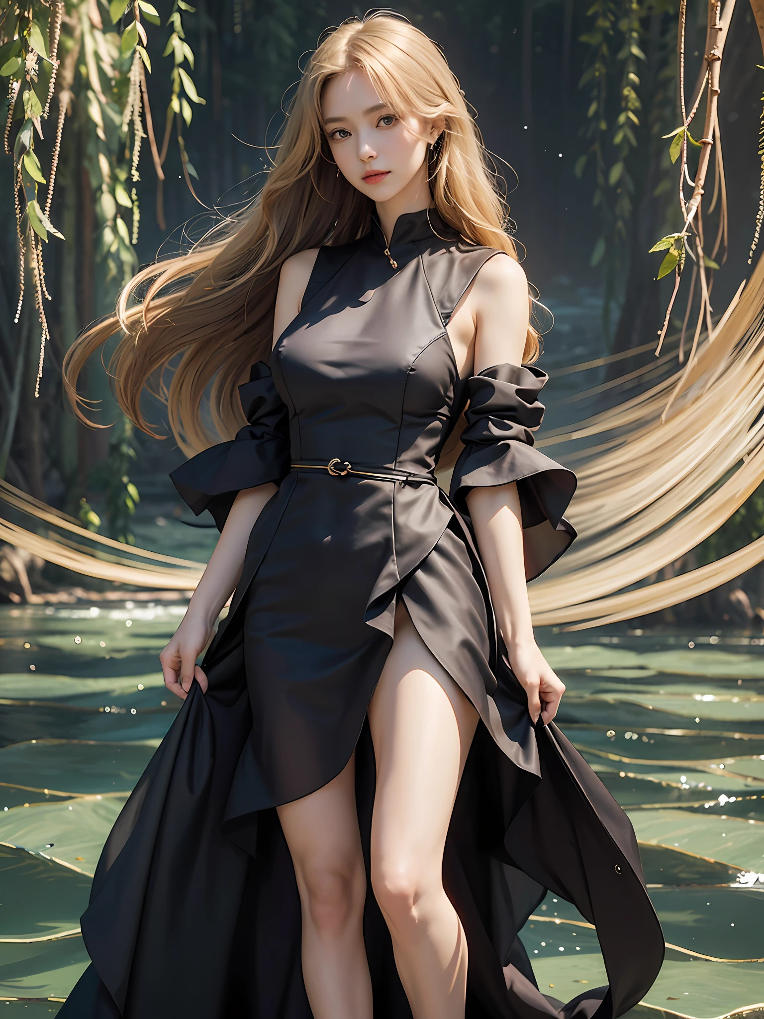Best Quality, Masterpiece, Ultra High Resolution, (Realistic: 1.4), Original Photo, (Elongated Legs), (Beautiful Hands), 1 Girl, Solo, Standing, ((Extra Long Dress: 1.5)), In the Dark, Deep Shadows, (Jimmy Choo), (Floating Color Wind: 1), (Full Body), Perfect Big Eyes, Charming Big Eyes, Perfect Face, Beach, Sea, Smile, Low Profile, Slim Figure, ((Golden Ratio Figures)), ((Perfect Long Legs))