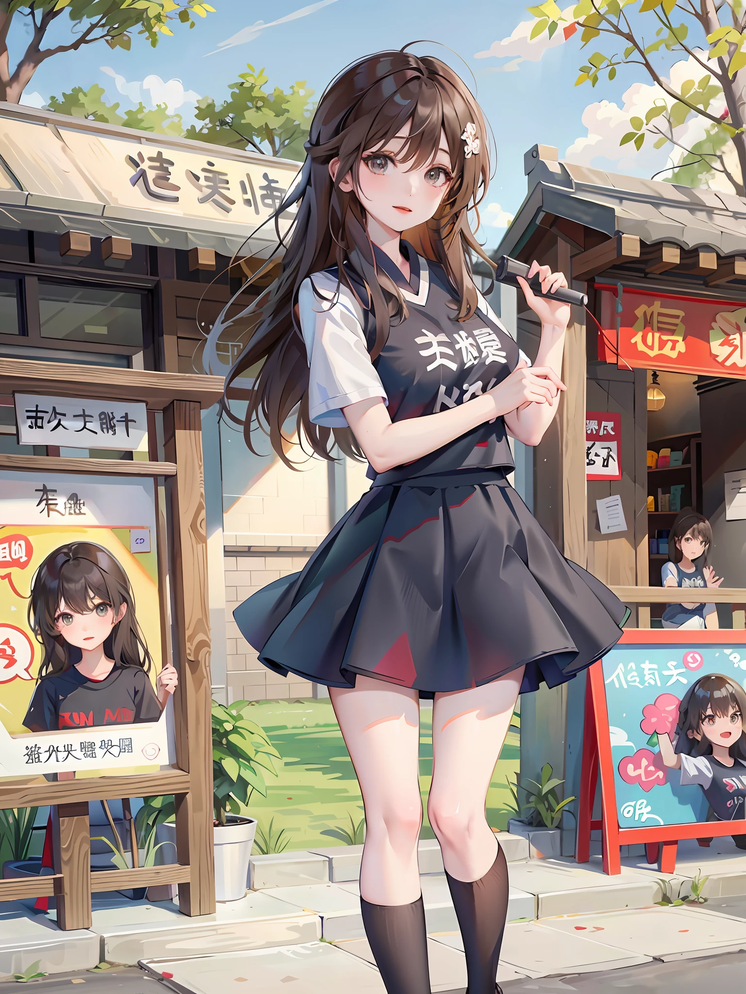 ((Chinese woman: 1.5), (t-shirt, plaid skirt: 1.2), (over-the-knee stockings)), bicycle, young and cute, bright sunshine, ((Chinese girl: 1.2)), ((beautiful: 1.2)|( Gorgeous: 1.1)),((Young: 1.2)|( pretty: 1.1)), ((cute: 1.2)), embedding "asian",",HDR filter:0.6, blooming:0.6, vignette:0.6"