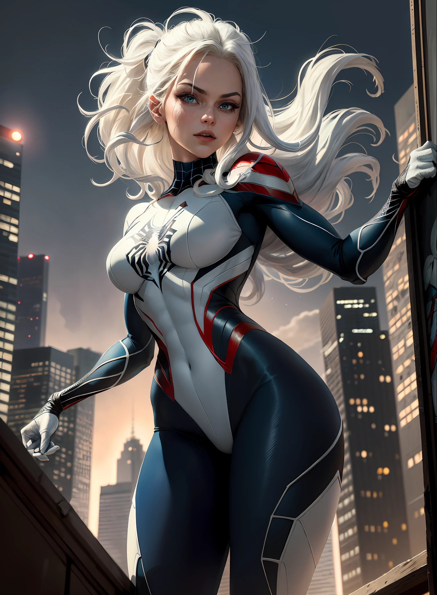(Masterpiece, 4k resolution, ultra-realistic, very detailed), (White superhero theme, charismatic, there's a girl on top of town, wearing black costume with white Spider-Man, she's a superhero), [ ((25 years), (long white hair:1.2), full body, (blue eyes:1.2), ((Spider-Man pose),show of strength, jump from one building to another), ((sandy urban environment):0.8)| (cityscape, at night, dynamic lights), (full moon))] # Explanation: The Prompt mainly describes a 4K painting of ultra-high definition, very realistic, very detailed. It shows a superheroine at the top of the city, wearing a Spider-Man costume. The theme in the painting is a white superhero theme, the female protagonist has long white hair, is 25 years old and her entire body is shown in the painting. In terms of portraying the actions of superheroines, spiders are employed