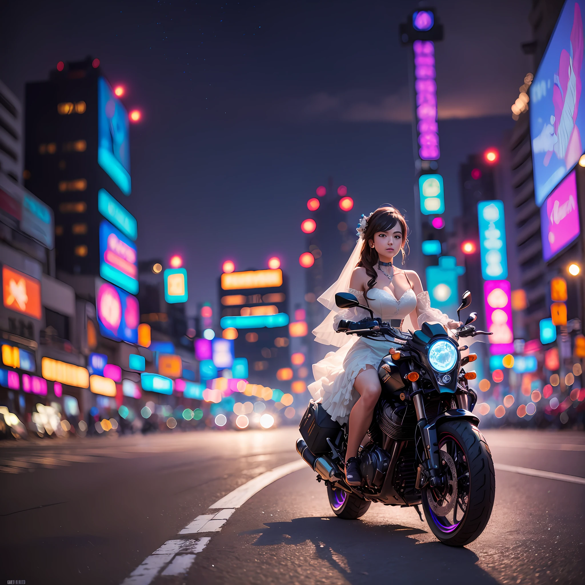 masterpiece, best quality, reality, photos, girl in wedding dress on sport motorcycle, cyberpunk city, city night scene, bokeh, shot with Nikon EOS camera, prime focus, portrait photography. --auto --s2
