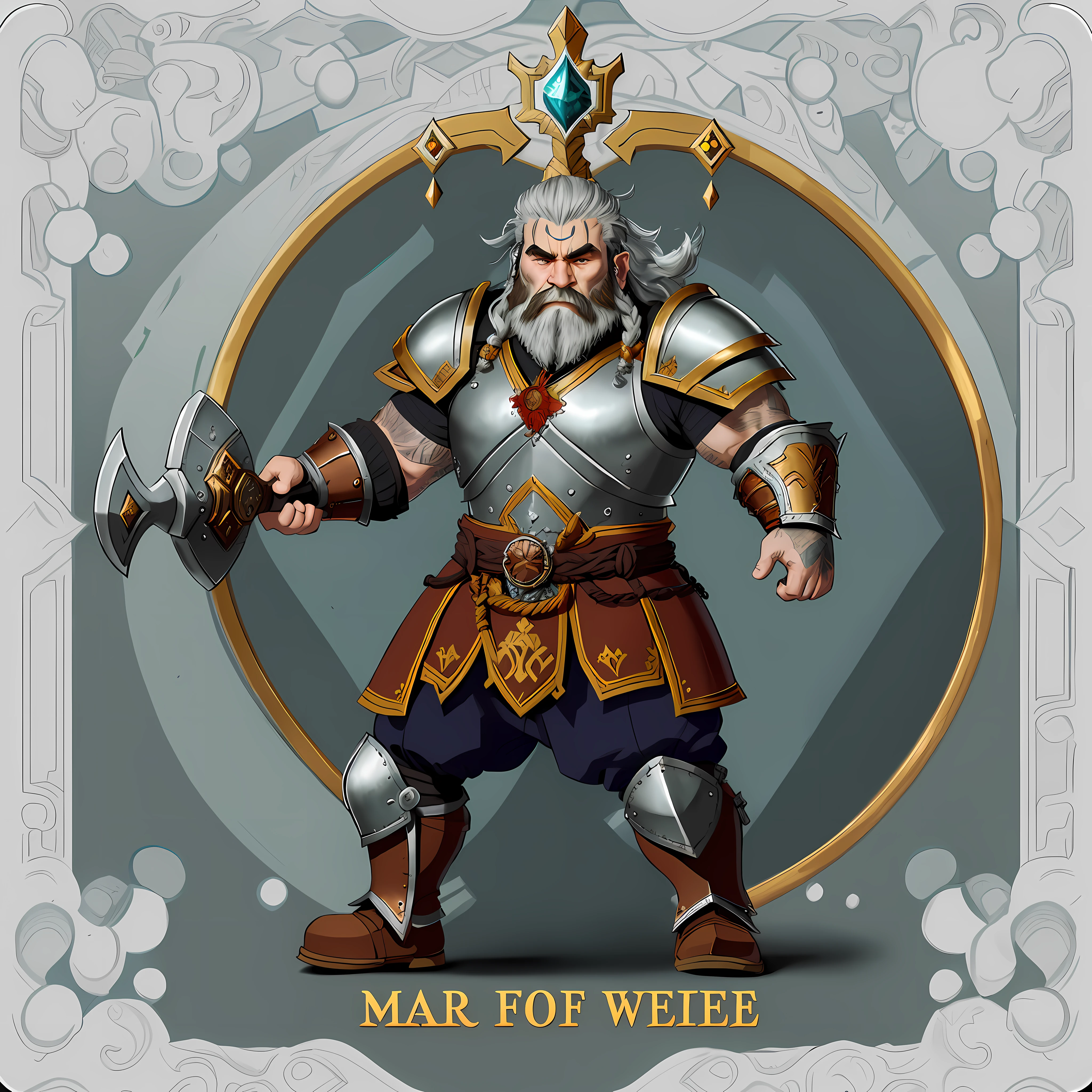 make me a warrior dwarf, compact and strong, He is equipped with dwarf plate armor, a long dwarf shield and a Great battle axe, proving to be a skilled and feared warrior. with a height of 1.30Cm and a robust weight of 70kg. His long, braided beard and hair are red, giving him a wild and indomitable appearance. His green eyes penetrate anyone who looks at him with a determined intensity, while his face is marked by war scars, showing the result of many battles.
