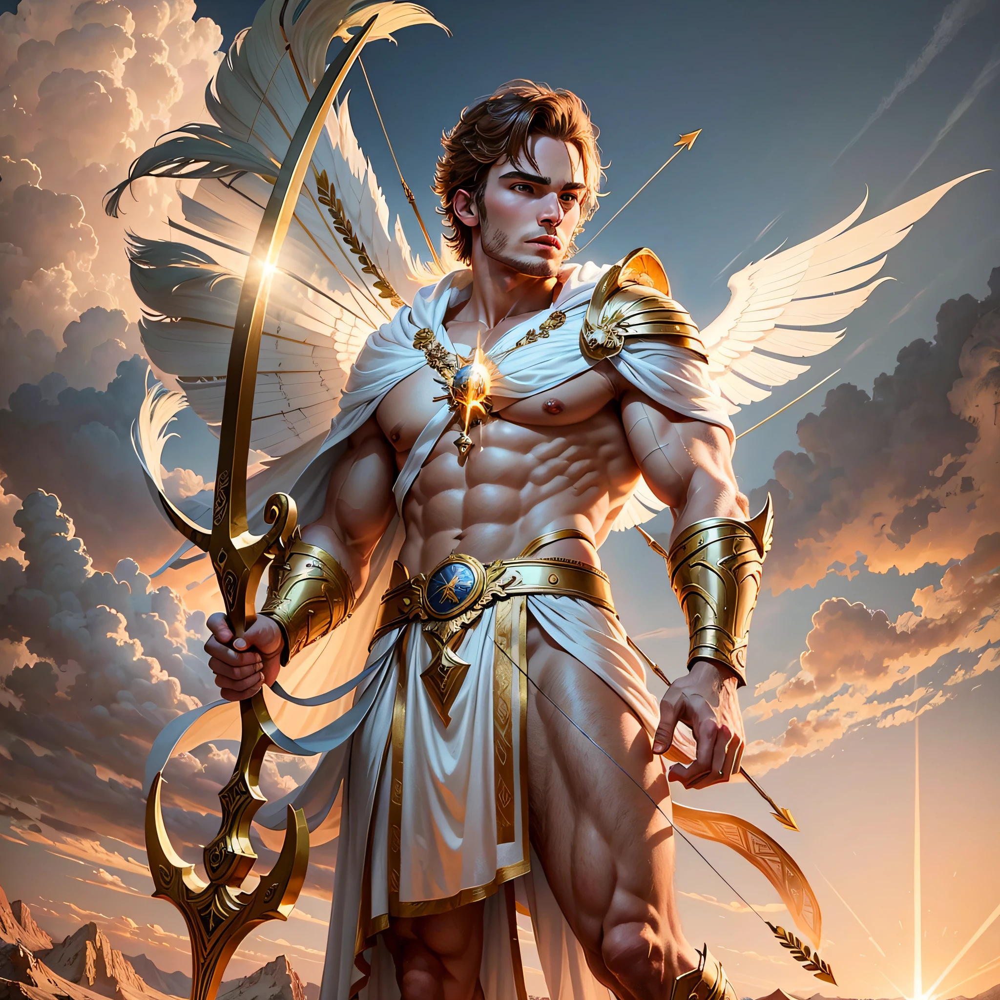 Create an archer standing on a mountain inspired by the god Apollo with the appearance of actor Sam Claflin, with a white Greek robe with golden ornaments, his beautiful breastplate the sample, his golden bow and arrow with arrow made of light, in the background the sunset with clouds, full body within the image and with realism --auto --s2