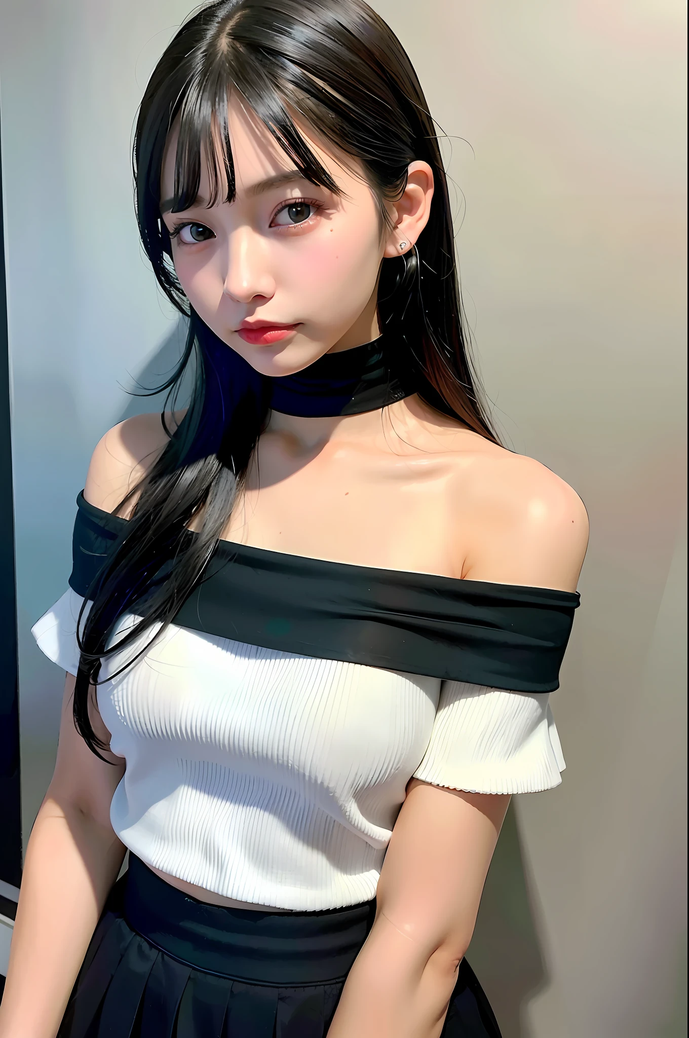 Top Quality, Ultra High Definition, (Photorealistic: 1.4), 1 Girl, Off-Shoulder White Shirt, Black Tight Skirt, Black Choker, (Faded Ash-Gray Hair: 1), (Huge: 1.2), Look Viewer, Close Up, Thousand-Hands