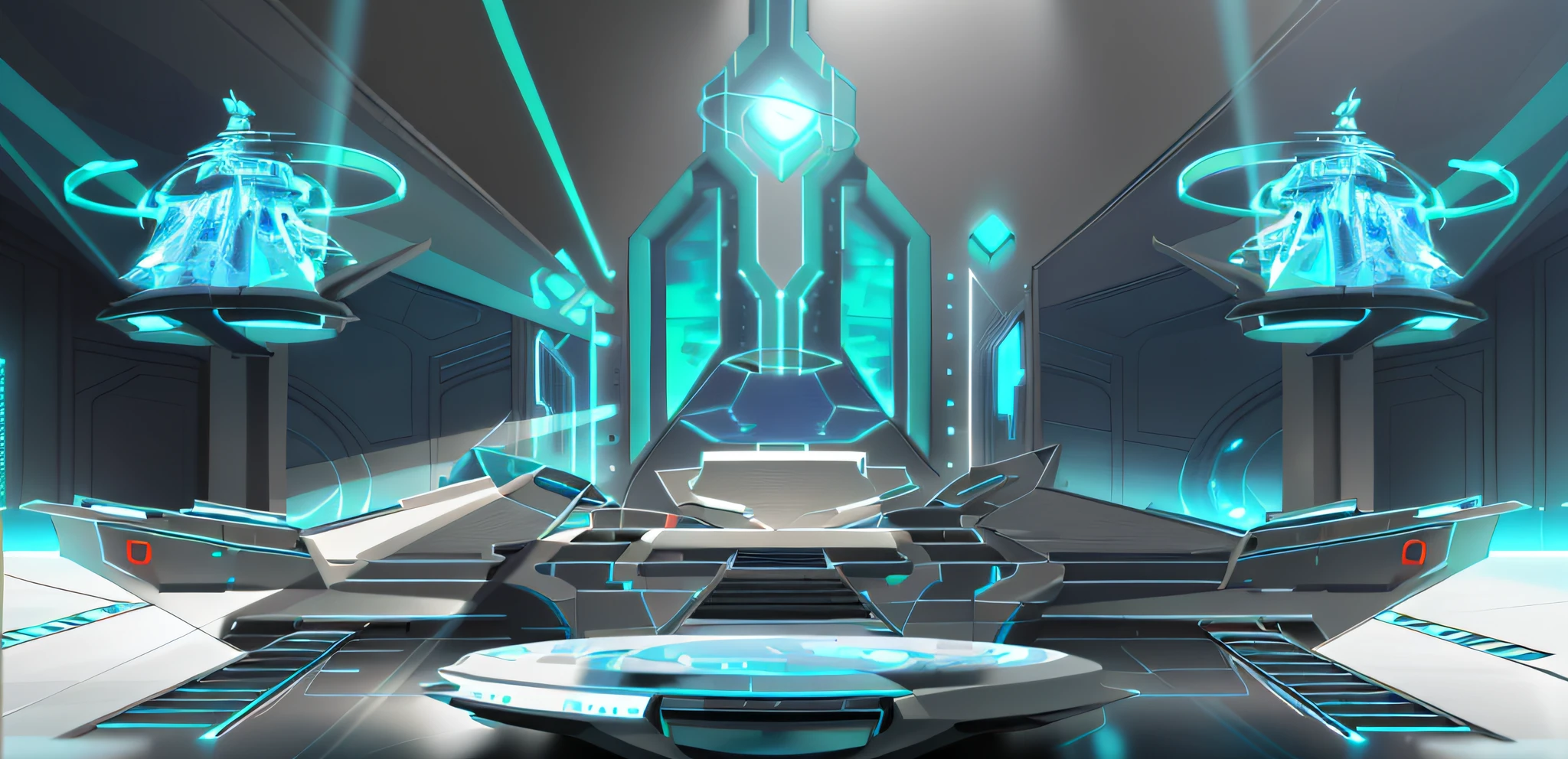Futuristic room of large building, cool colors, futuristic setting, concept art, metaverse concept art, ethereal hologram center, background artwork, elaborate stage effects, glowing concept art, HD details, movie screen, cg, 8k
