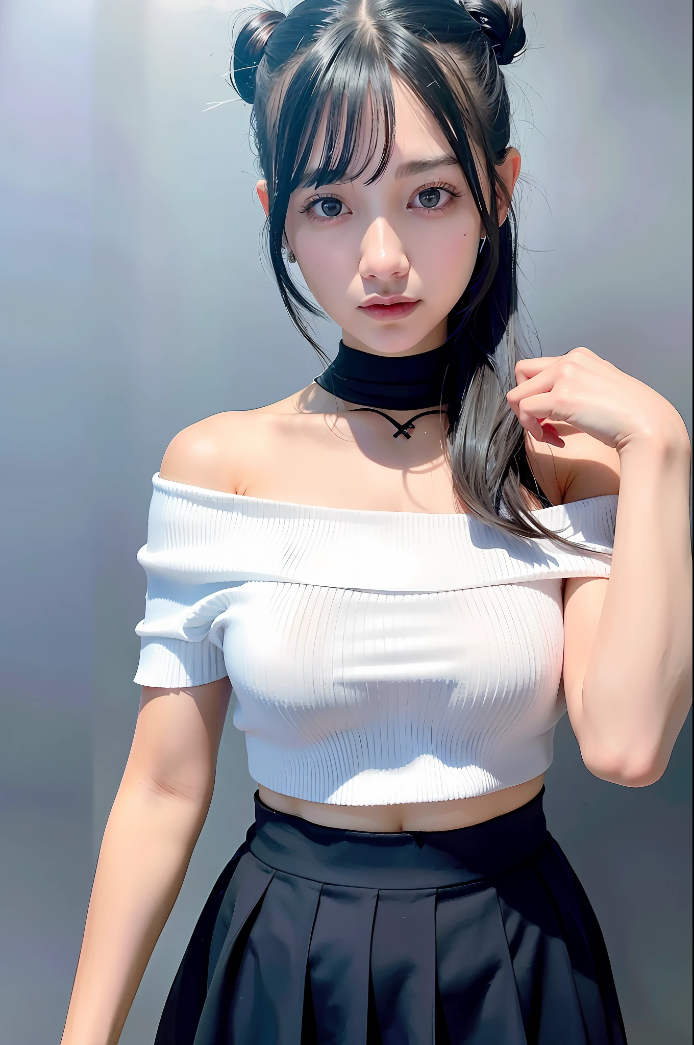 Top Quality, Ultra High Definition, (Photorealistic: 1.4), 1 Girl, Off-Shoulder White Shirt, Black Tight Skirt, Black Choker, (Faded Ash-Gray Hair: 1), (Huge: 1.2), Look Viewer, Close Up, Thousand-Hands