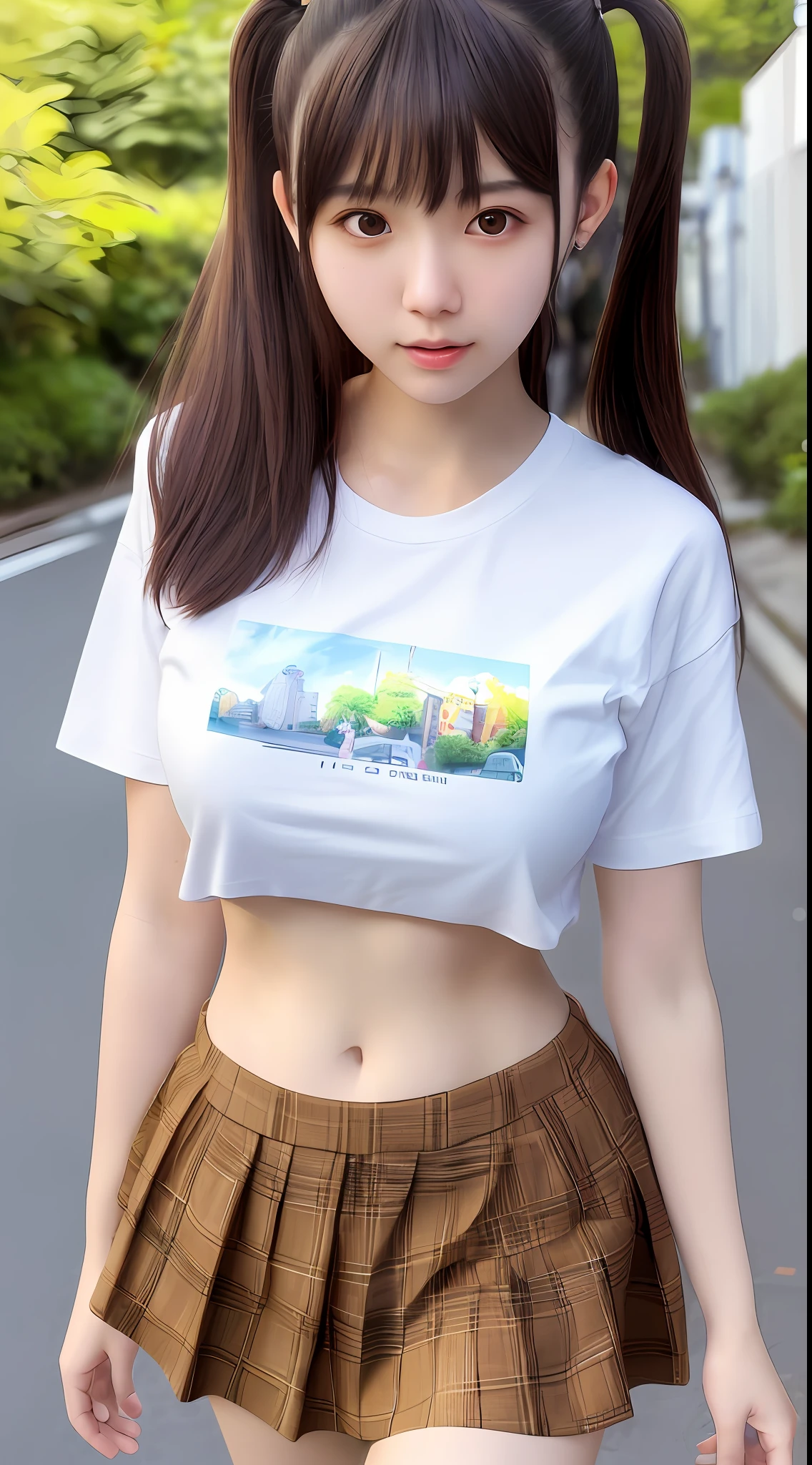 Best quality, super detail, masterpiece, fine detail, high resolution, portrait, 8k wallpaper, realistic details, clothing details, skin details, detailed eyes, photoshop \(medium\), slim body, 1 girl, Japan people, 20 years old, beautiful eyes, bare skin, well-formed face, bangs, blunt bangs, huge, wearing a T-shirt, (pleasant look), mouth open, navel visible, close-up, Wearing a short skirt, white skin, twin tails, brown hair, breasts sticking out of a T-shirt, walking on the street, hard breasts