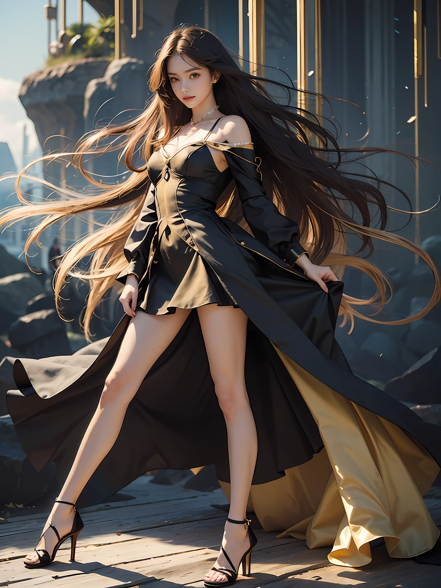 Best Quality, Masterpiece, Ultra High Resolution, (Realistic: 1.4), Original Photo, (Elongated Legs), (Beautiful Hands), 1 Girl, Solo, Standing, ((Extra Long Dress: 1.5)), In the Dark, Deep Shadows, (Jimmy Choo), (Floating Color Wind: 1), (Full Body), Perfect Big Eyes, Charming Big Eyes, Perfect Face, Beach, Sea, Smile, Low Profile, Slim Figure, ((Golden Ratio Figures)), ((Perfect Long Legs))