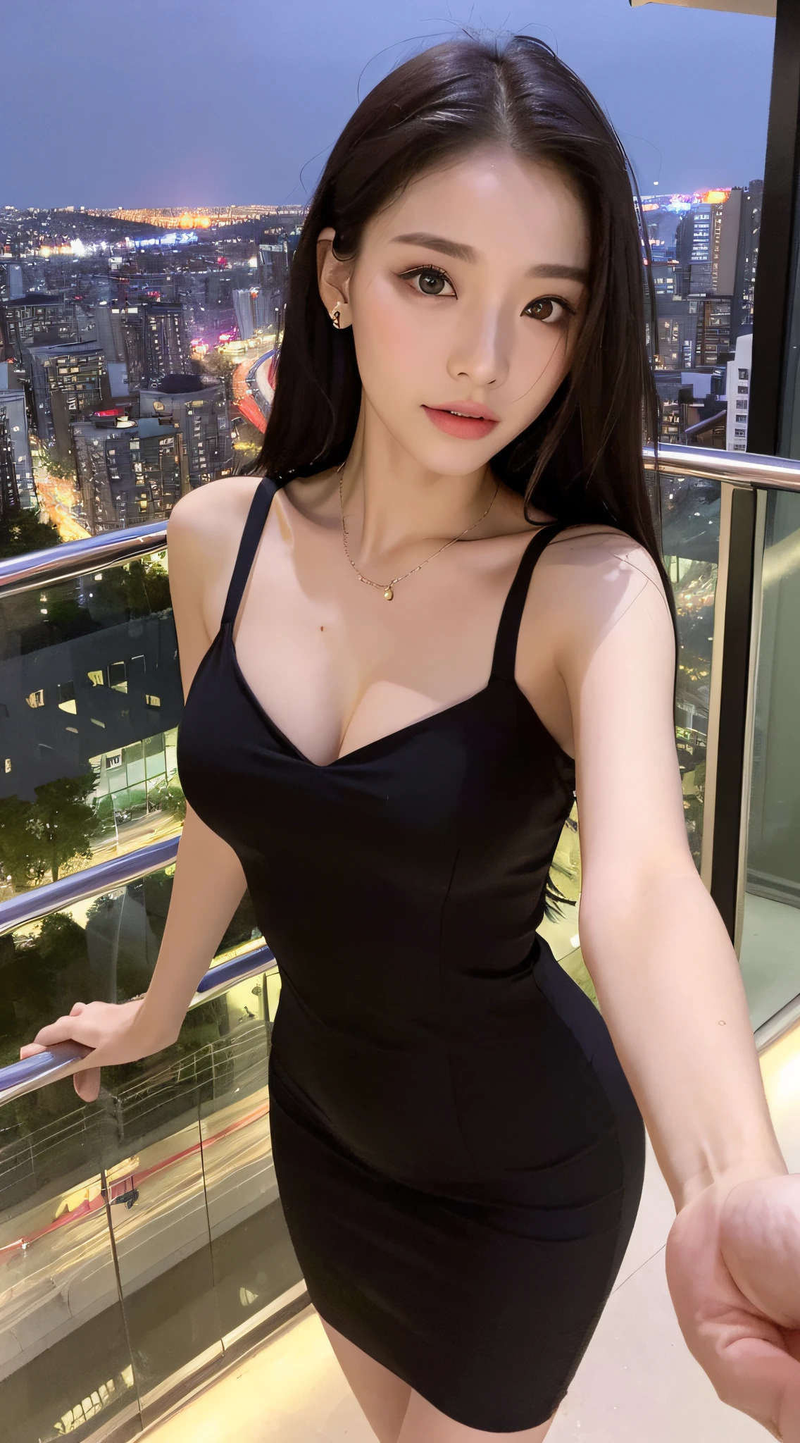 (Top Quality, 8K, Masterpiece: 1.3)), Selfie, Sharp Focus: 1.2, Cute Beauty with Perfect Figure: 1.4, Slim Big: 1.2, ((Brown-Black, Moderately Large Beautiful: 1.2)), (Small transparent dress, semi-nude, ultra-thin breasts, happy look, standing: 1.2), (Created mainly by women (night view of the rainy city, simple balcony: 1.3)), Highly detailed face and skin texture, detailed eyes, double eyelids, super sexy suspenders, transparent clothes, adult women