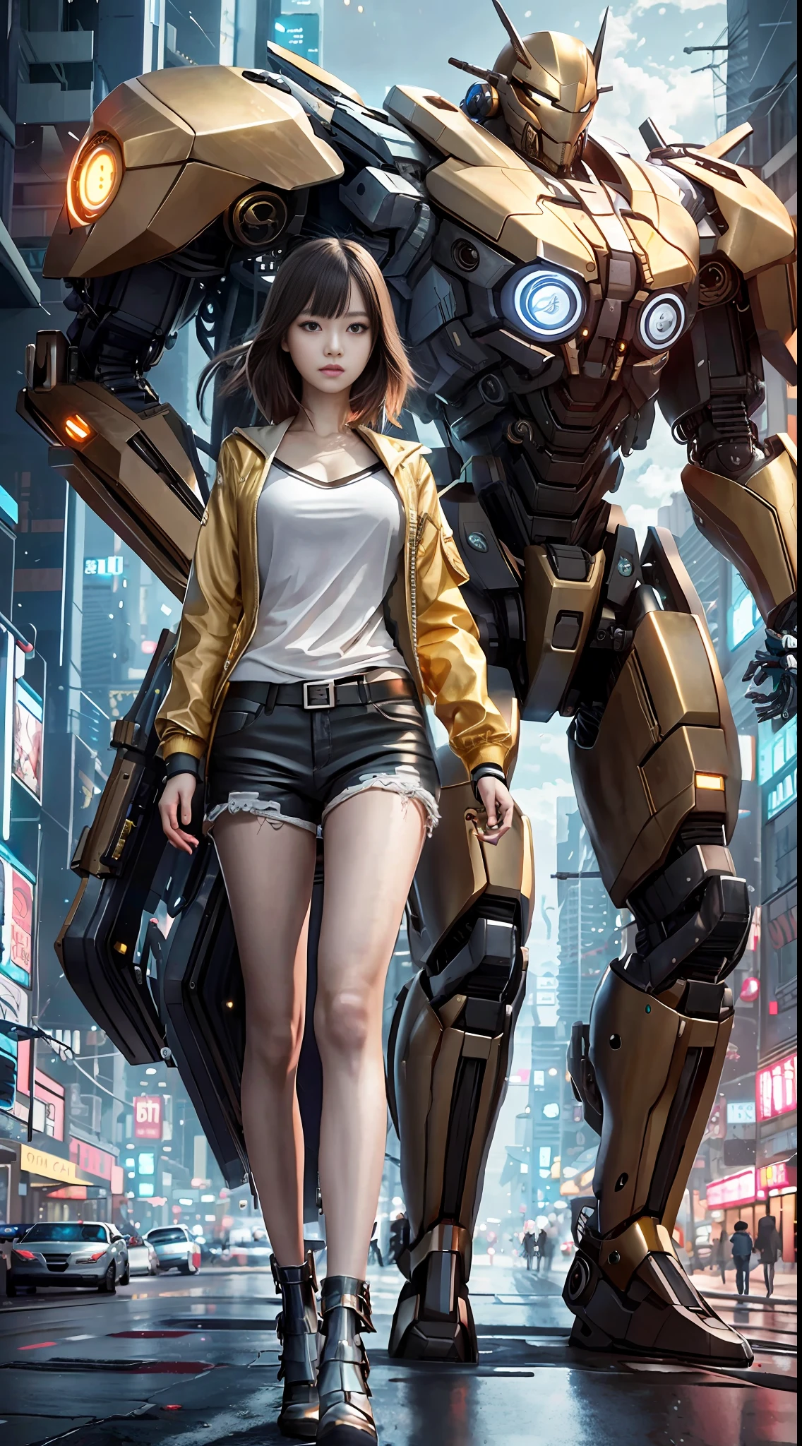 Boutique,best quality,Gold jewelry,(slip out feet),Fairy skin,(Fidelity :1.2),Standing,Super Detailed,realistic,High quality,Movie Light,Ray tracking,Ultra HD,Upper body
Girl in shorts and jacket standing next to giant robot, Guweiz style artwork, CyberPunk mech, Trends on CGSTATION, Guweiz, Russell Dongjun Lu, digital cyberpunk anime art, Ross Tran 8 K, Guweiz on ArtStation Pixiv, Girl in mecha network armor