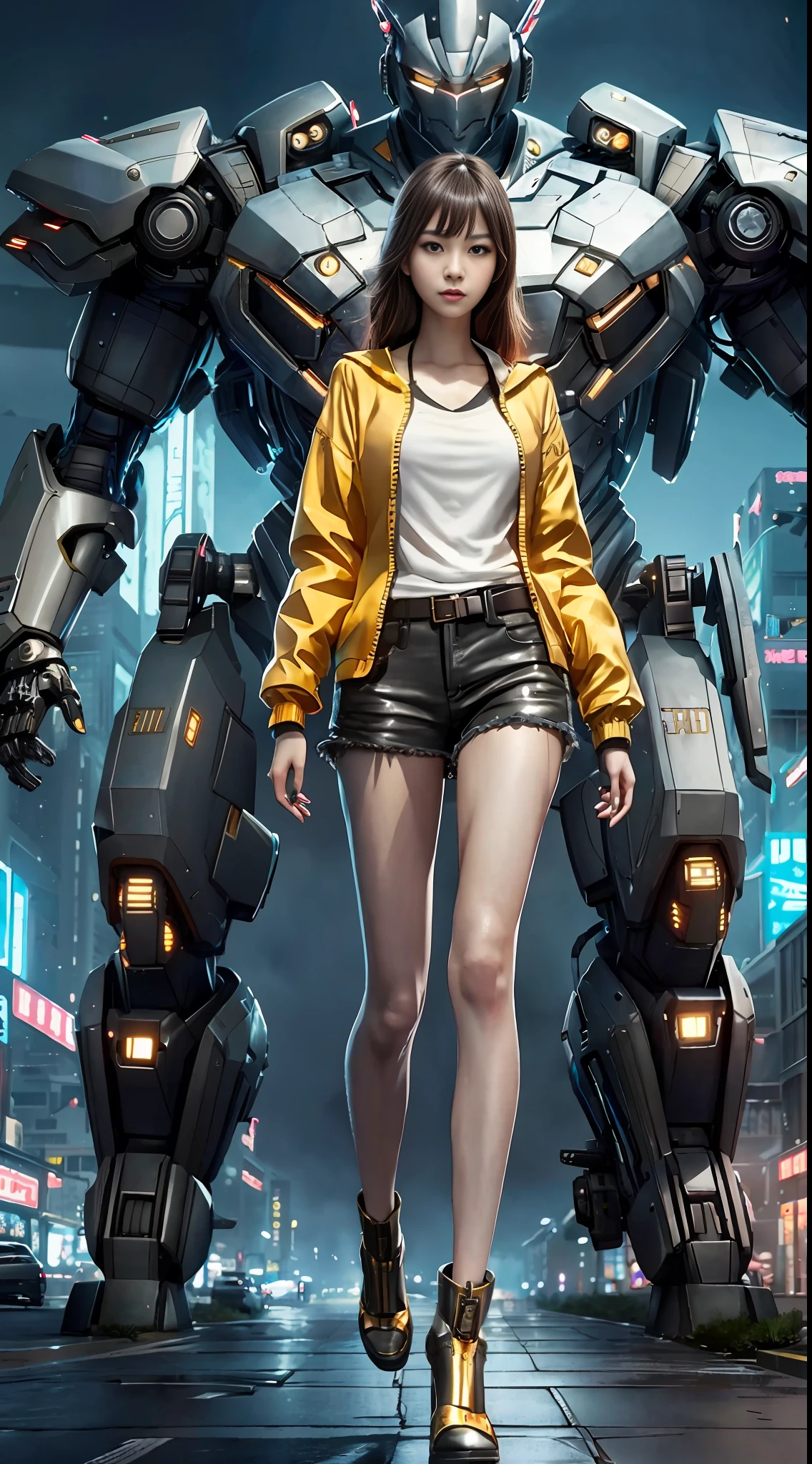Boutique,best quality,Gold jewelry,(slip out feet),Fairy skin,(Fidelity :1.2),Standing,Super Detailed,realistic,High quality,Movie Light,Ray tracking,Ultra HD,Upper body
Girl in shorts and jacket standing next to giant robot, Guweiz style artwork, CyberPunk mech, Trends on CGSTATION, Guweiz, Russell Dongjun Lu, digital cyberpunk anime art, Ross Tran 8 K, Guweiz on ArtStation Pixiv, Girl in mecha network armor