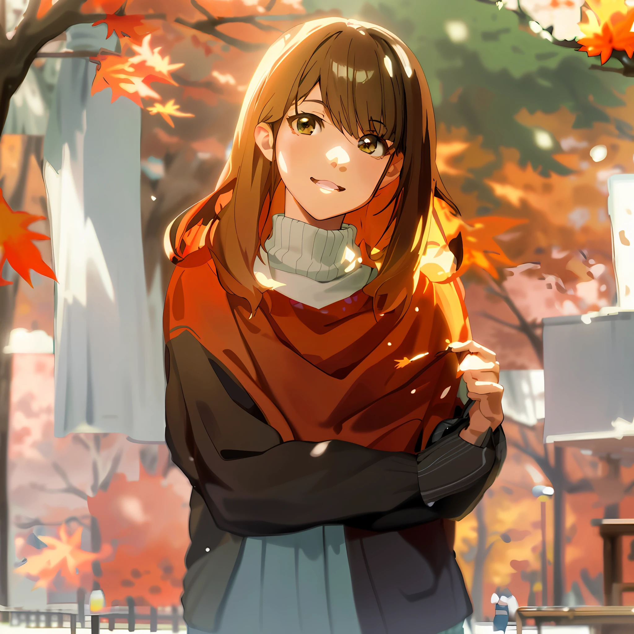 anime girl in a sweater standing in a park with trees, 🍁 cute, 🍂 cute, made with anime painter studio, seasons!! : 🌸 ☀ 🍂 ❄, realistic anime art style, realistic anime 3 d style, (anime girl), realistic young anime girl, beautiful anime art style, realistic anime artstyle, beautiful anime girl, beautiful anime style, cute anime girl
