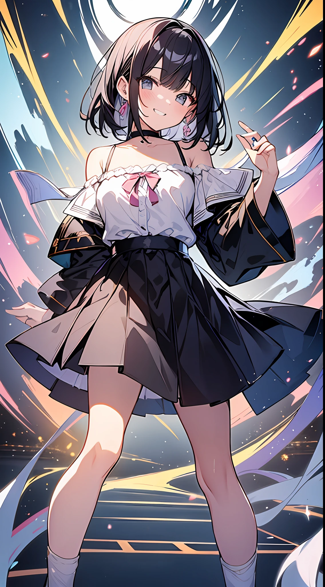 Top Quality, Masterpiece, High Resolution, 8k, Pastel Colors, Anime Style Girl with Light Shirt and Skirt, One Girl, Detailed Line Art, Bright White and Bright Amber Style, Digital Enhancement, Close Up, Anime Core, Flowing Fabric, Shoulder Length and Short Braid, Beautiful Black Hair, Big Smile, Full Body Angle