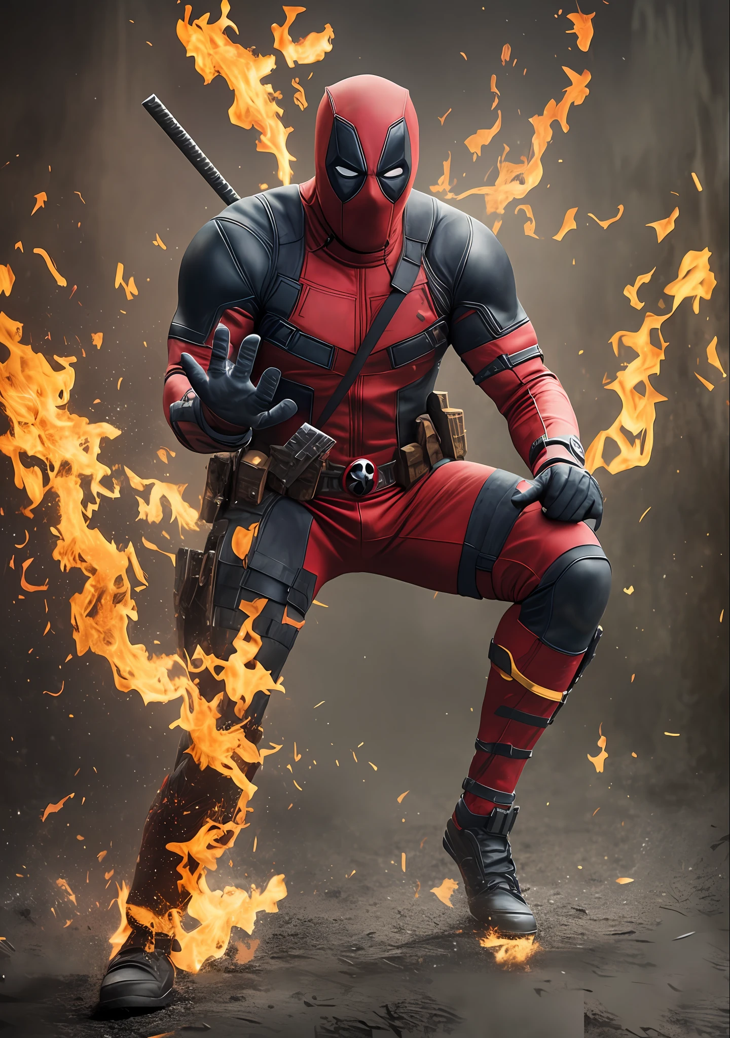 Create a full body image of Marvel's antihero character Deadpool striking a very funny pose in 8K. Make sure the resulting image captures the character's essence, with details that highlight his fun and irreverent personality. Add details to Deadpool's costume, like textures that show how the fabric looks and details like the knives on his back. Make sure Deadpool's pose is funny and unique, with details that bring out his sense of humor. Add details to the background, such as shadows and subtle lighting, to add depth to the image. Make sure the resulting image is high resolution, 8K quality." —c 10 —ar 2:3  -upscale - --auto --s2