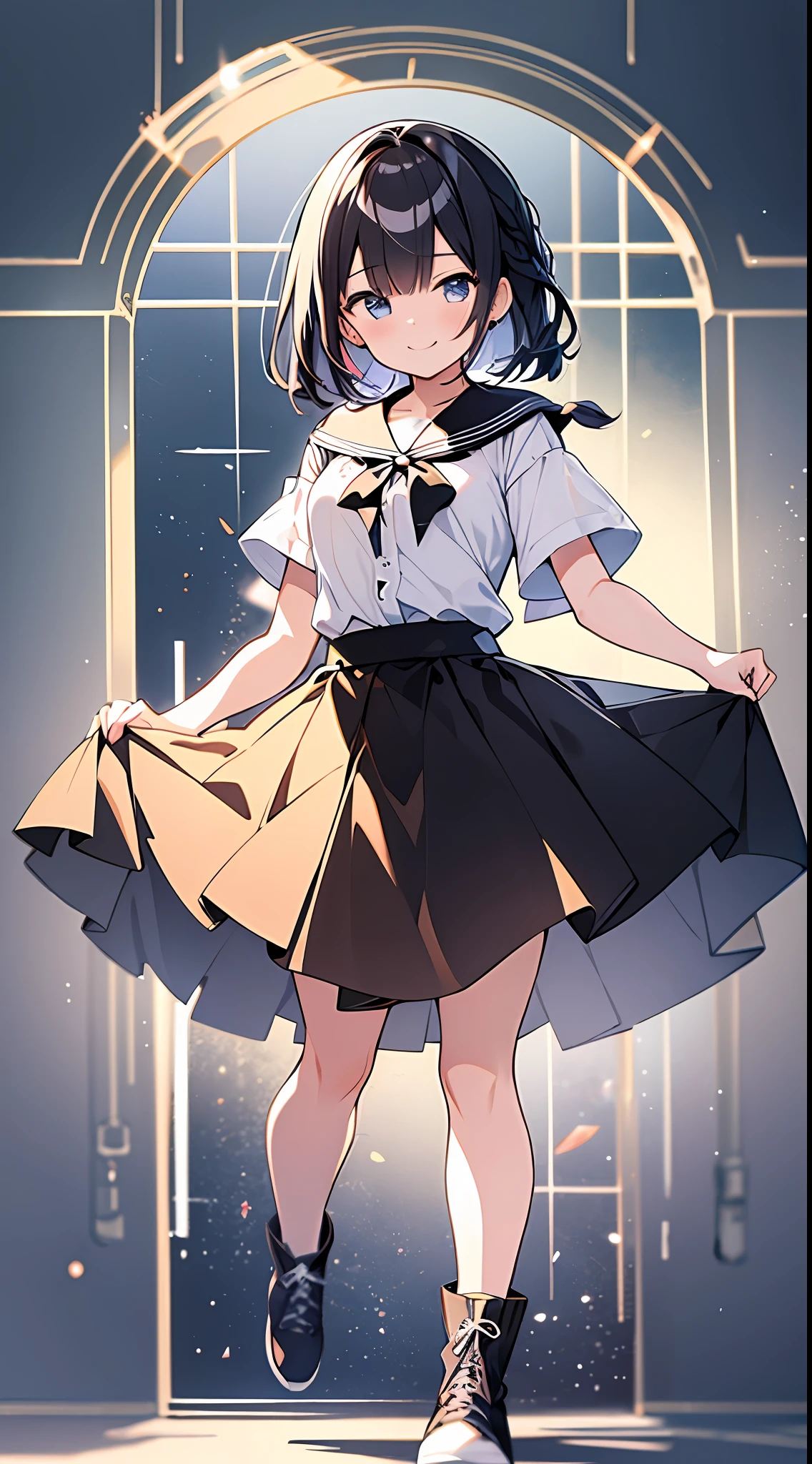 Top Quality, Masterpiece, High Resolution, 8k, Pastel Colors, Anime Style Girl with Light Shirt and Skirt, One Girl, Detailed Line Art, Bright White and Bright Amber Style, Digital Enhancement, Close Up, Anime Core, Flowing Fabric, Shoulder Length and Short Braid, Beautiful Black Hair, Big Smile, Full Body Angle
