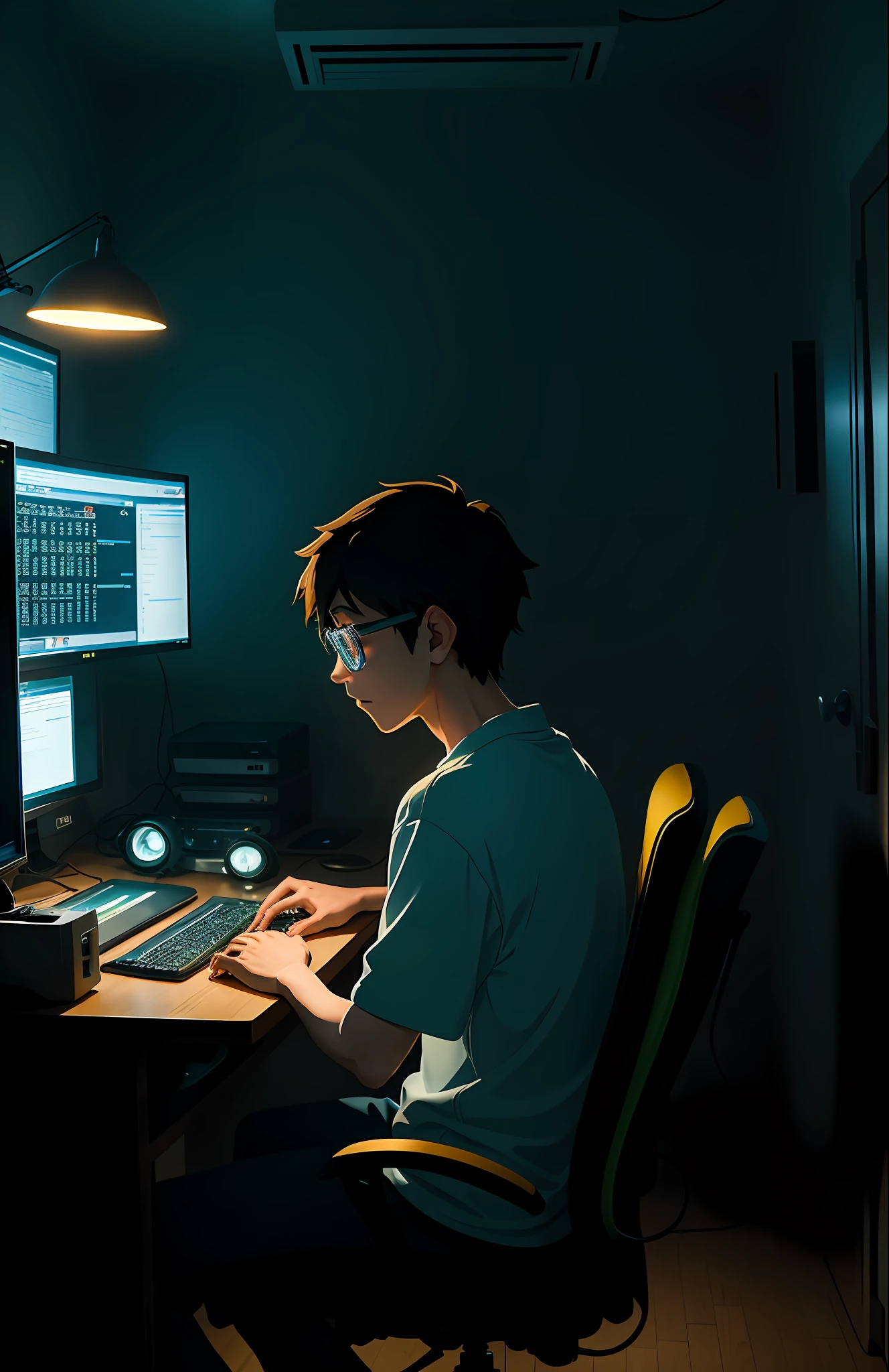A nerdy boy is programming in front of a computer in a room full of gadgets, designed by Makoto Shinkai and Studio Ghibli, dramatic lighting, very detailed, incredible quality, programmer, online order taking, web development, app development, applet development, software development, etc