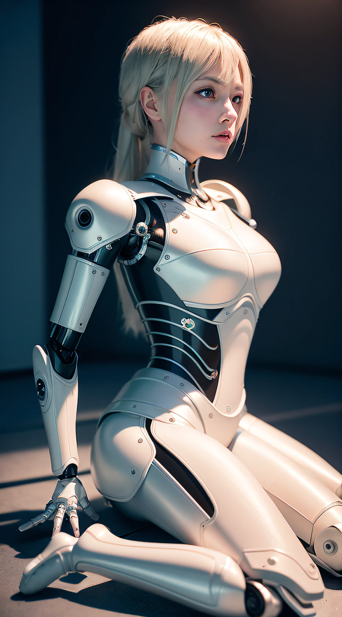 Complex 3d rendering highly detailed beautiful ceramic silhouette female robot face, robot, robot parts, 150mm, beautiful studio soft light, edge light, vibrant details, luxury cyberpunk, lace, surrealism, anatomy, facial muscles, cables, microchip, elegant, beautiful background, octane rendering, HR Giger style, 8k, best quality, masterpiece, illustration, very delicate and beautiful, very detailed, CG, uniform, wallpaper, (fidelity, fidelity: 1.37), stunning, fine details, masterpiece, best quality, official art, very detailed CG unified 8k wallpaper, absurd, robot, silver armor, full body, sitting