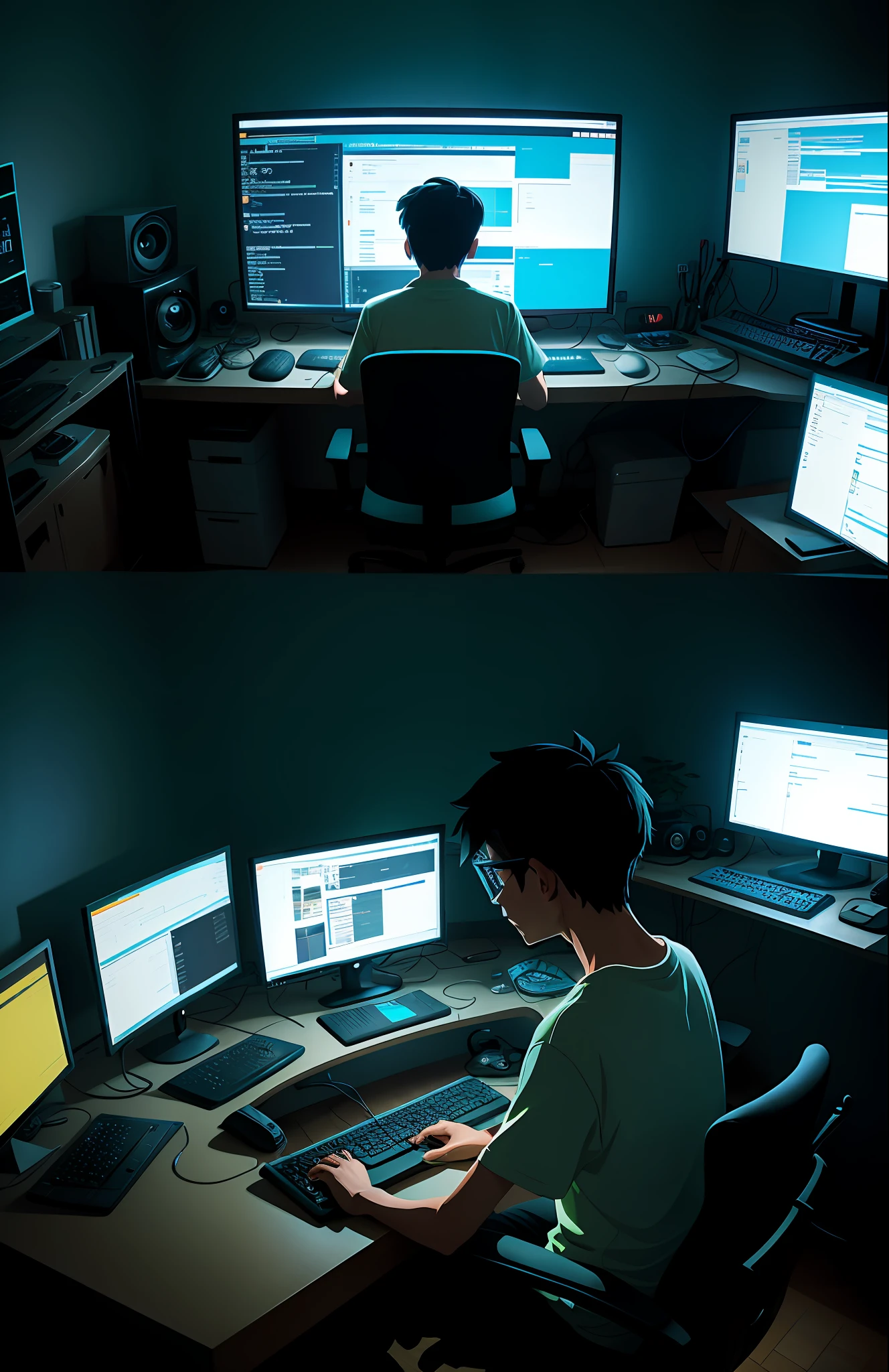 A nerdy boy is programming in front of a computer in a room full of gadgets, designed by Makoto Shinkai and Studio Ghibli, dramatic lighting, very detailed, incredible quality, programmer, online order taking, web development, app development, applet development, software development, etc