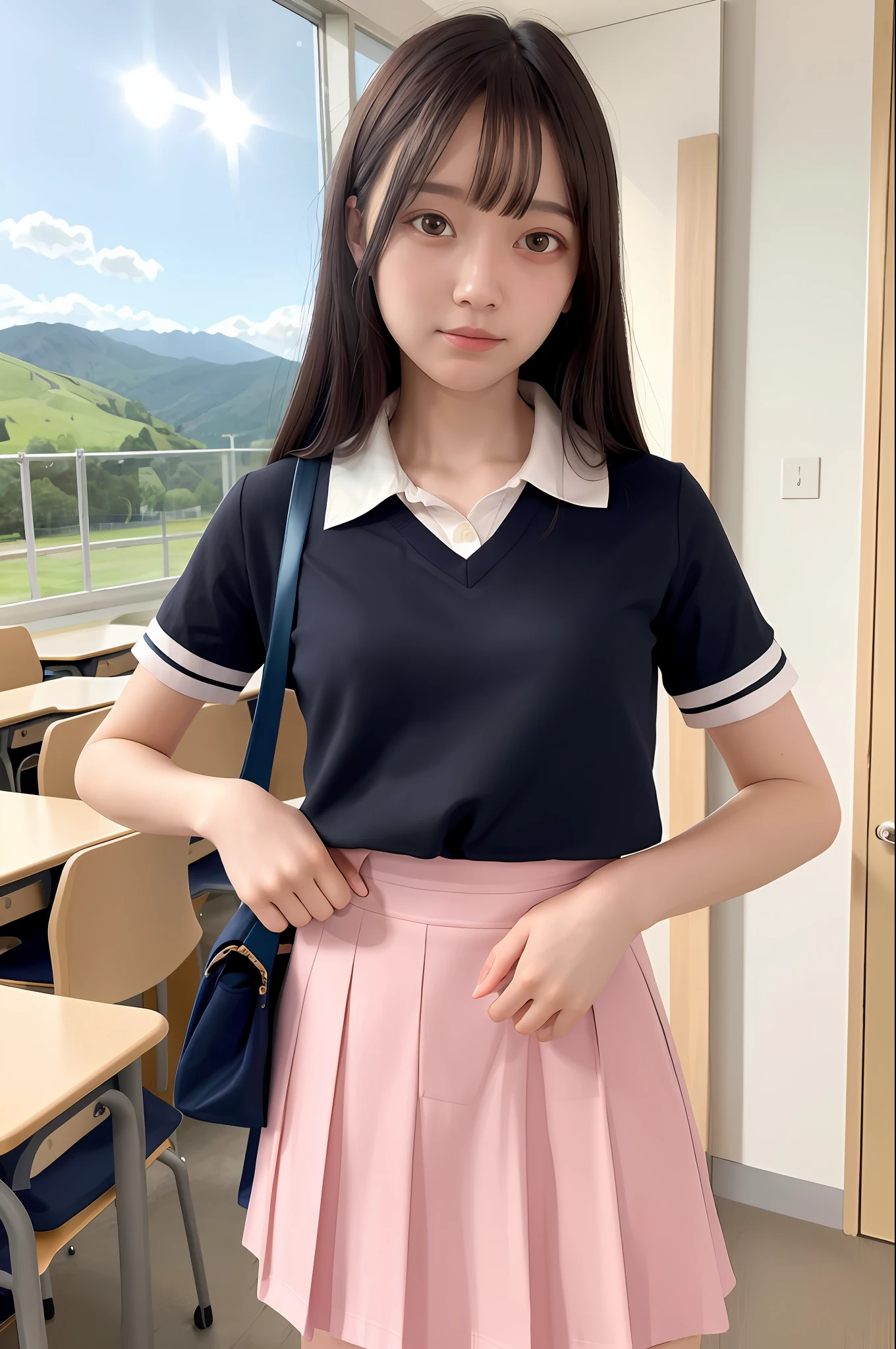 masterpiece, top quality, ultra high definition, colorful, flat color, depth of field, lens flare
1 girl, black hair, watching viewer, 18 years old, school, classroom, pleated mini skirt, school uniform, seravuk, detailed touch, detailed cloth texture, beautiful detailed face, whole body, diagonally from below