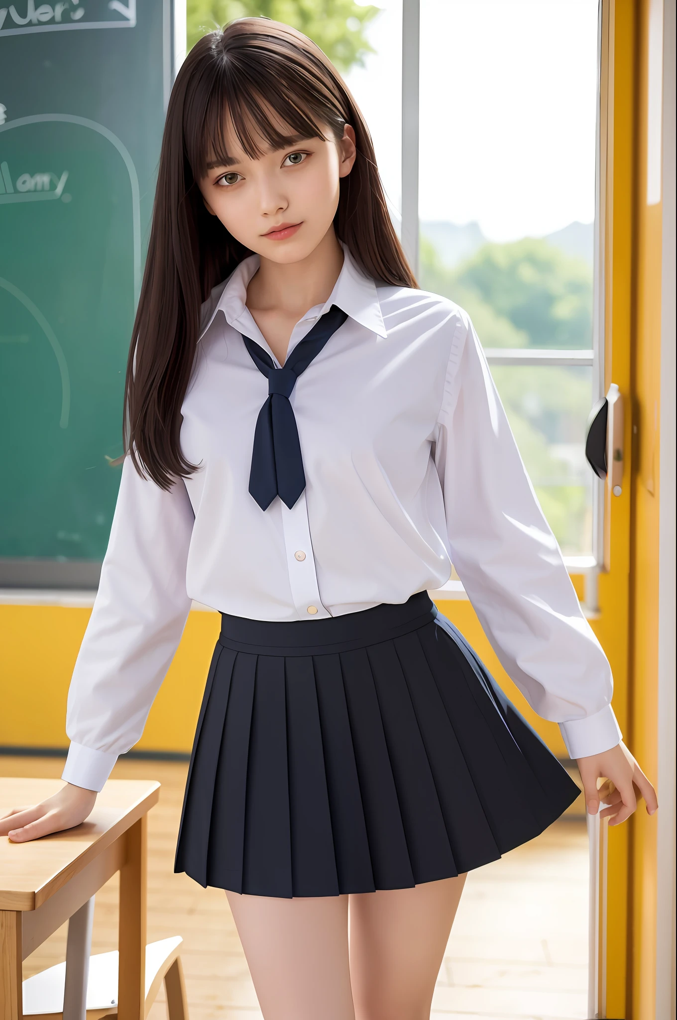masterpiece, top quality, ultra high definition, colorful, flat color, depth of field, lens flare
1 girl, black hair, watching viewer, 18 years old, school, classroom, pleated mini skirt, school uniform, seravuk, detailed touch, detailed cloth texture, beautiful detailed face, whole body, diagonally from below
