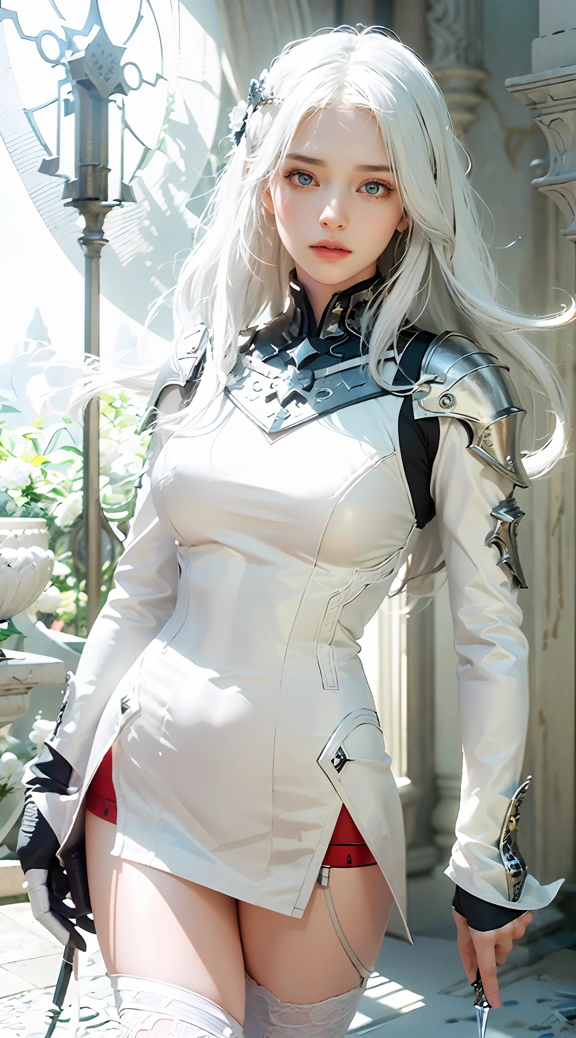 (Best Quality), (Masterpiece), (Detail: 1.4), 3D, A Beautiful Knight, (Long White Hair: 1.9), (Red Eyes: 1.7), Armor, Sabre, Temple, Gothic Chapel, HDR (High Dynamic Range), Ray Tracing, NVIDIA RTX, Super-Resolution, Unreal 5, Subsurface Scattering, PBR Texture, Post-processing, Anisotropic Filtering, Depth of Field, Maximum sharpness and sharpness, multi-layer textures, albedo and highlight maps, surface shading, accurate simulation of light-material interactions, perfect proportions, Octane Render, two-color light, large aperture, low ISO, white balance, rule of thirds, 8K RAW,