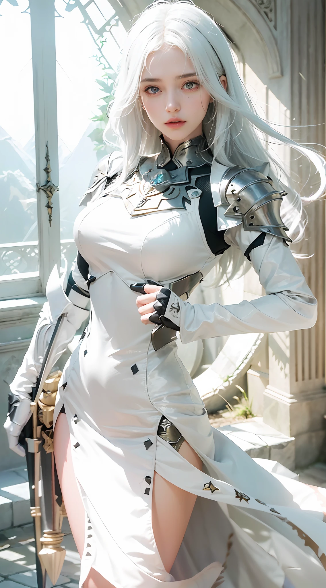 (Best Quality), (Masterpiece), (Detail: 1.4), 3D, A Beautiful Knight, (Long White Hair: 1.9), (Red Eyes: 1.7), Armor, Sabre, Temple, Gothic Chapel, HDR (High Dynamic Range), Ray Tracing, NVIDIA RTX, Super-Resolution, Unreal 5, Subsurface Scattering, PBR Texture, Post-processing, Anisotropic Filtering, Depth of Field, Maximum sharpness and sharpness, multi-layer textures, albedo and highlight maps, surface shading, accurate simulation of light-material interactions, perfect proportions, Octane Render, two-color light, large aperture, low ISO, white balance, rule of thirds, 8K RAW,