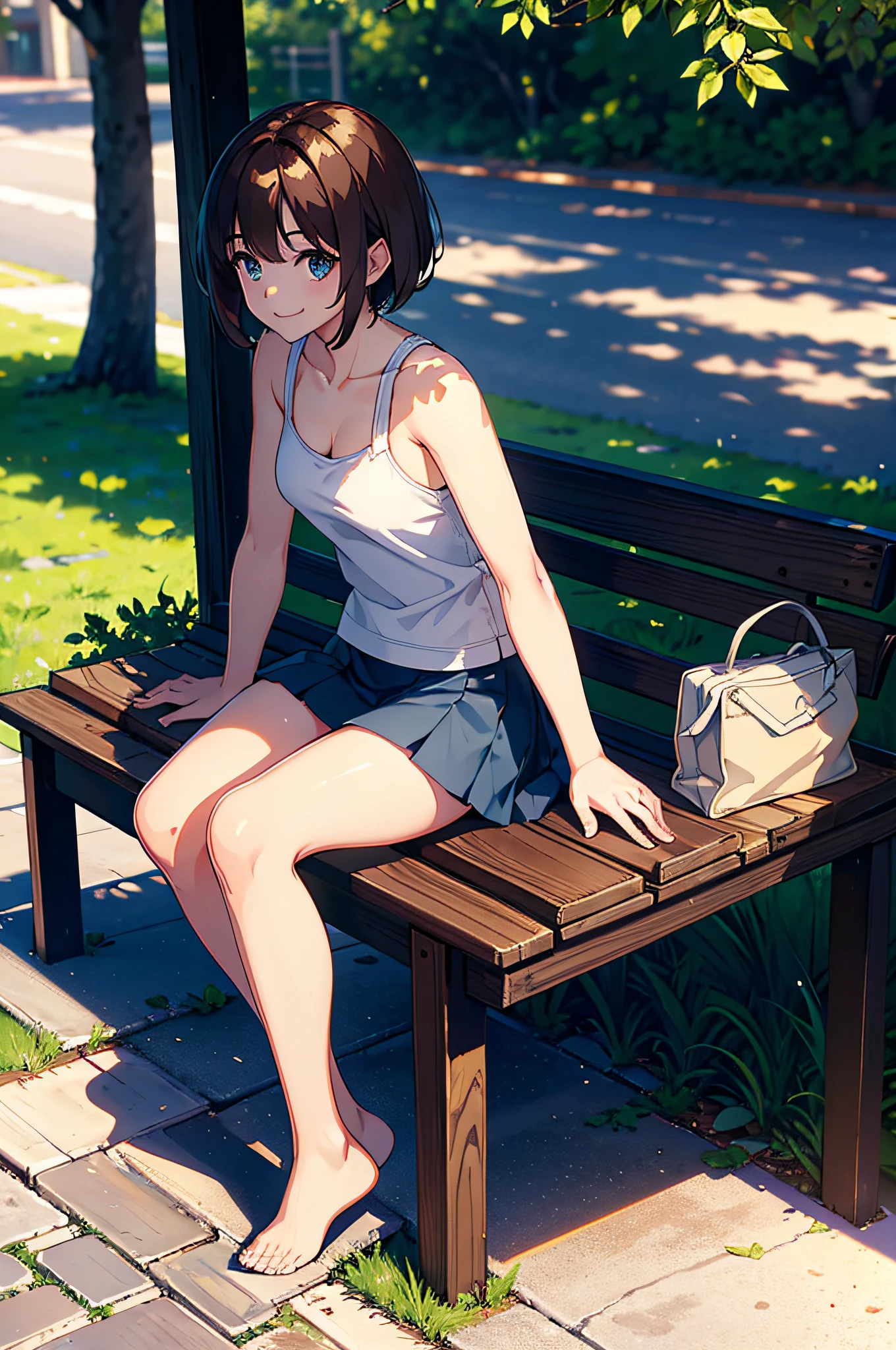 (8k, highest quality, masterpiece: 1.2), ultra detail, best quality, ultra high resolution, professional lighting, photon mapping, radiosity, physically based rendering, cinematic lighting, depth of field, focusing, sun rays, good composition, (bokeh: 1.2), 1 girl, (full body), smile, beautiful eyes, pose, brown hair, short hair, seashore, skirt, tank top, sitting on bench,open legs,white panties,nice legs,