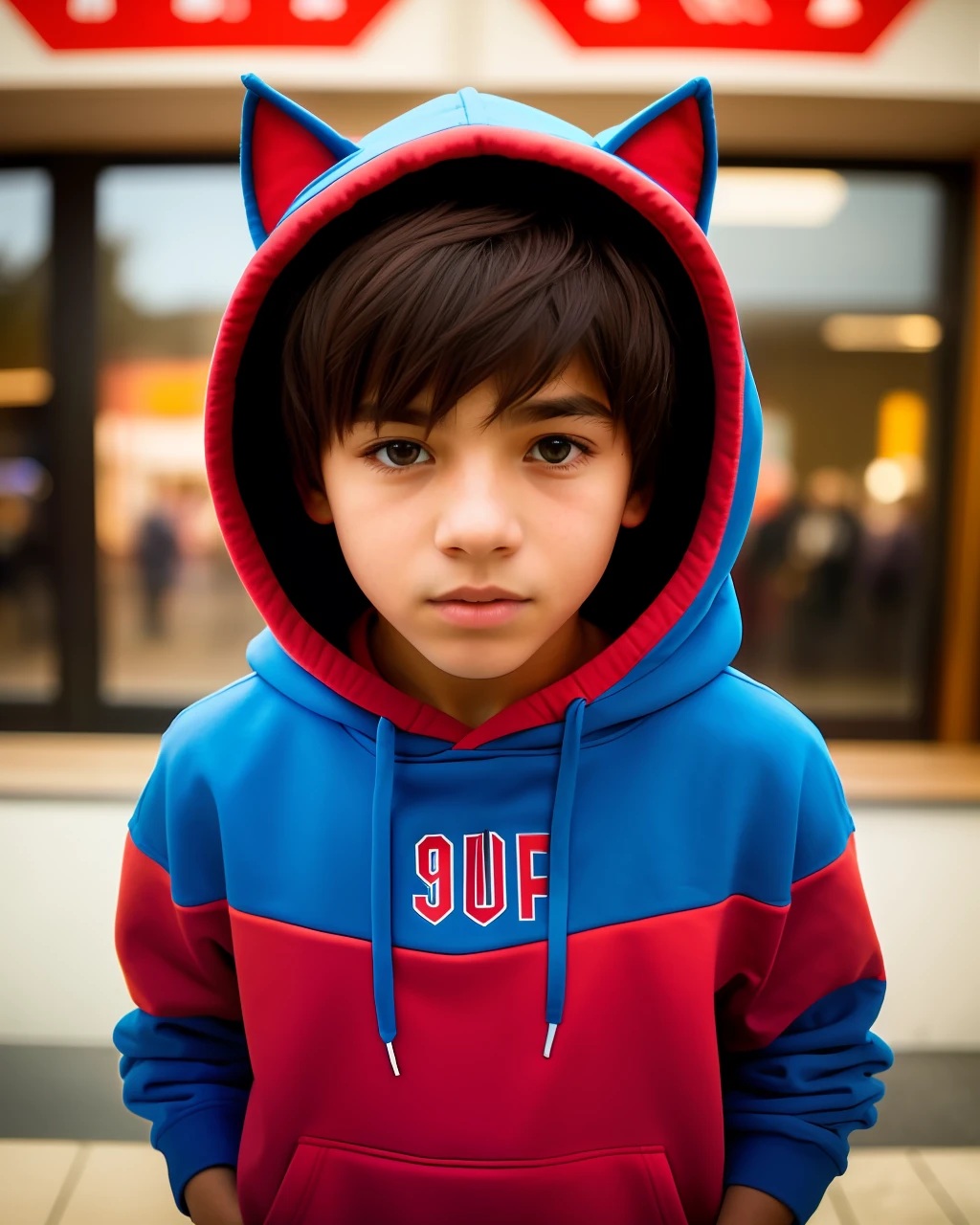 photo of a  boy, hood on his head, ((hoodie half red half blue)), full body shot, cat ears, hyperdetailed, natural skin texture, hyperrealism, complex background, hyperdetailed, friendly, cheerful atmosphere