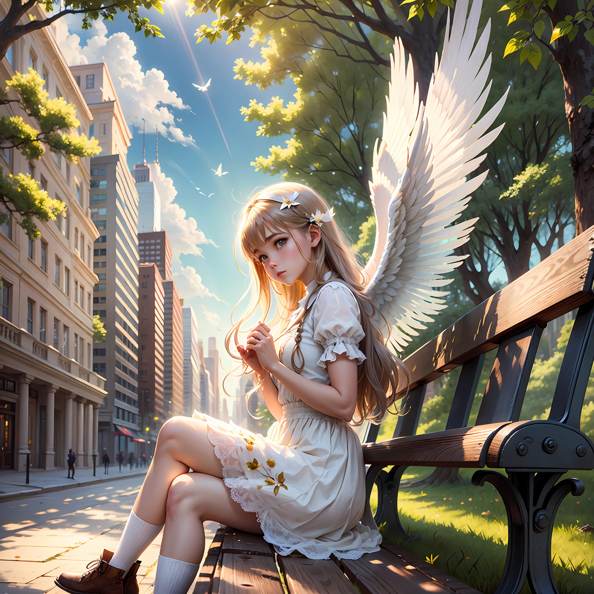Heavenly light shining on park bench, angel, wings