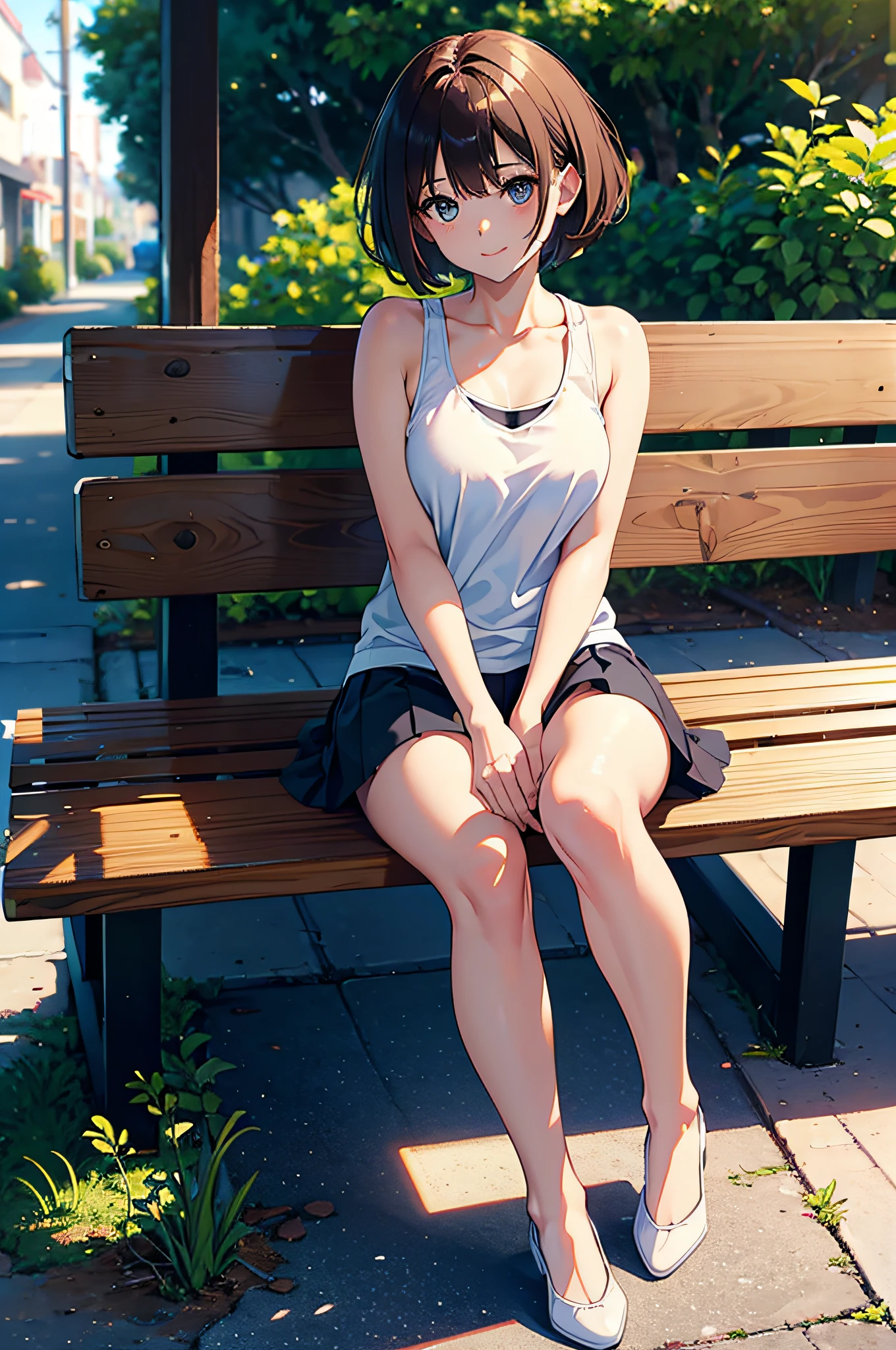 (8k, highest quality, masterpiece: 1.2), ultra detail, best quality, ultra high resolution, professional lighting, photon mapping, radiosity, physically based rendering, cinematic lighting, depth of field, focusing, sun rays, good composition, (bokeh: 1.2), 1 girl, (full body), smile, beautiful eyes, pose, brown hair, short hair, seashore, skirt, tank top, sitting on bench,open legs,white panties,nice legs,