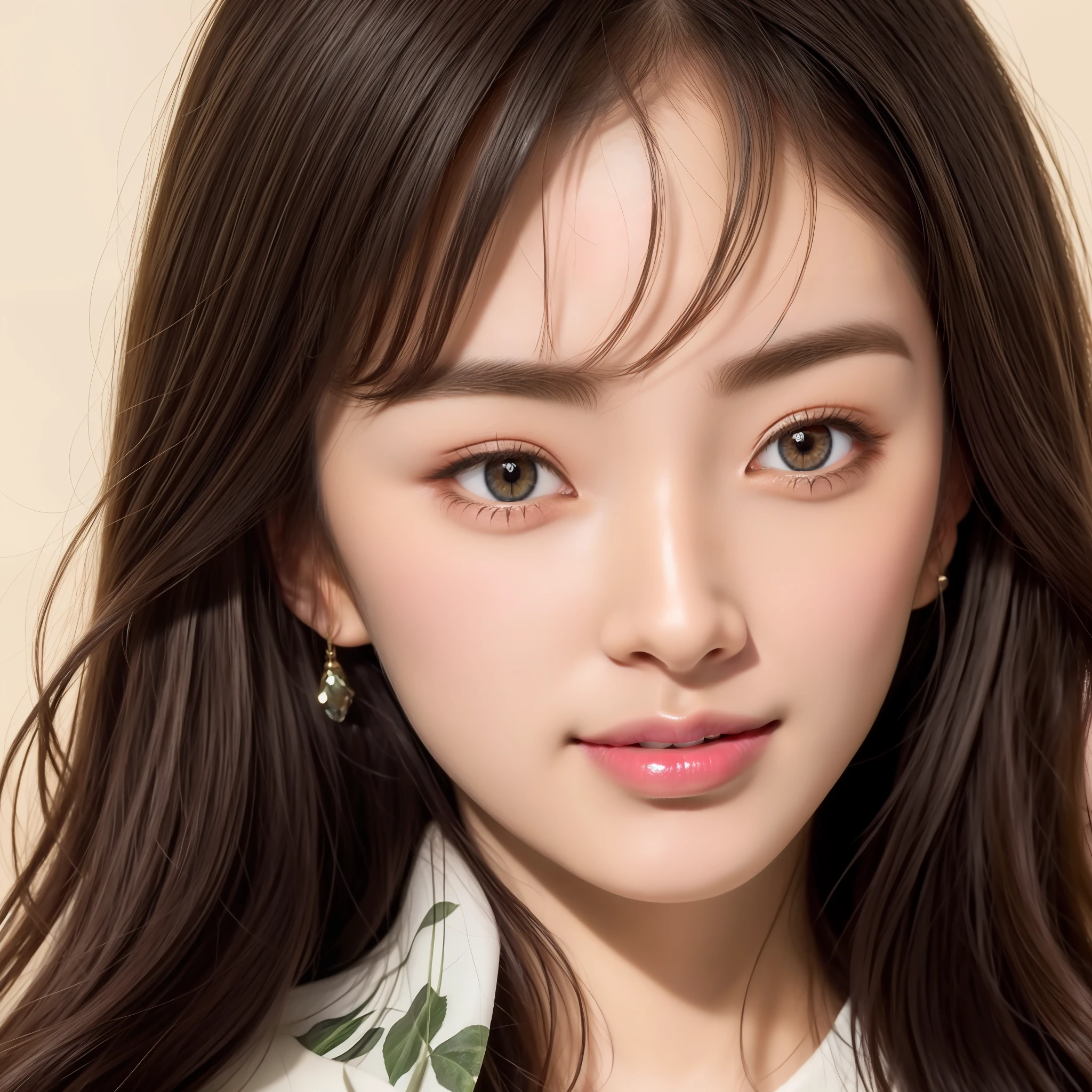 Beautiful Japan woman, nice perfect face with soft skin, small face with nose and rose-like lips, beautiful eyes, beautiful smile. Black, thin long beautiful hair bathed in a bright etheric glow, centered and facing forward, close-up shot, beige ensemble knit and wide pants, bright colorful background, photorealistic, masterpiece, highest quality, super detailed, HDR, 8K