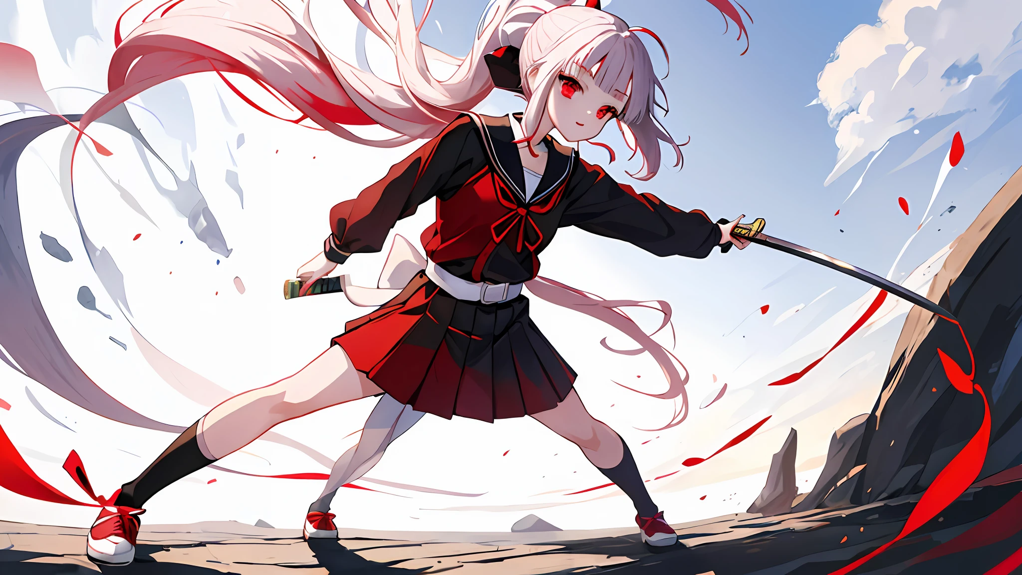(((masterpiece))), best quality, illustration, ((young teenage girl)),full light white long hair, beautiful detailed red eyes, ((red and black serafuku)), short-sleeved, (((cute))), ((cute face)), full body, solo focus, standing, happy, long ponytail tied with red ribbon, ahoge, medium sized breasts,black shoes with red lining, wearning white thights, face viewer, fantasy background, kimetsu no yaiba style katana, holding katana, fighting stance