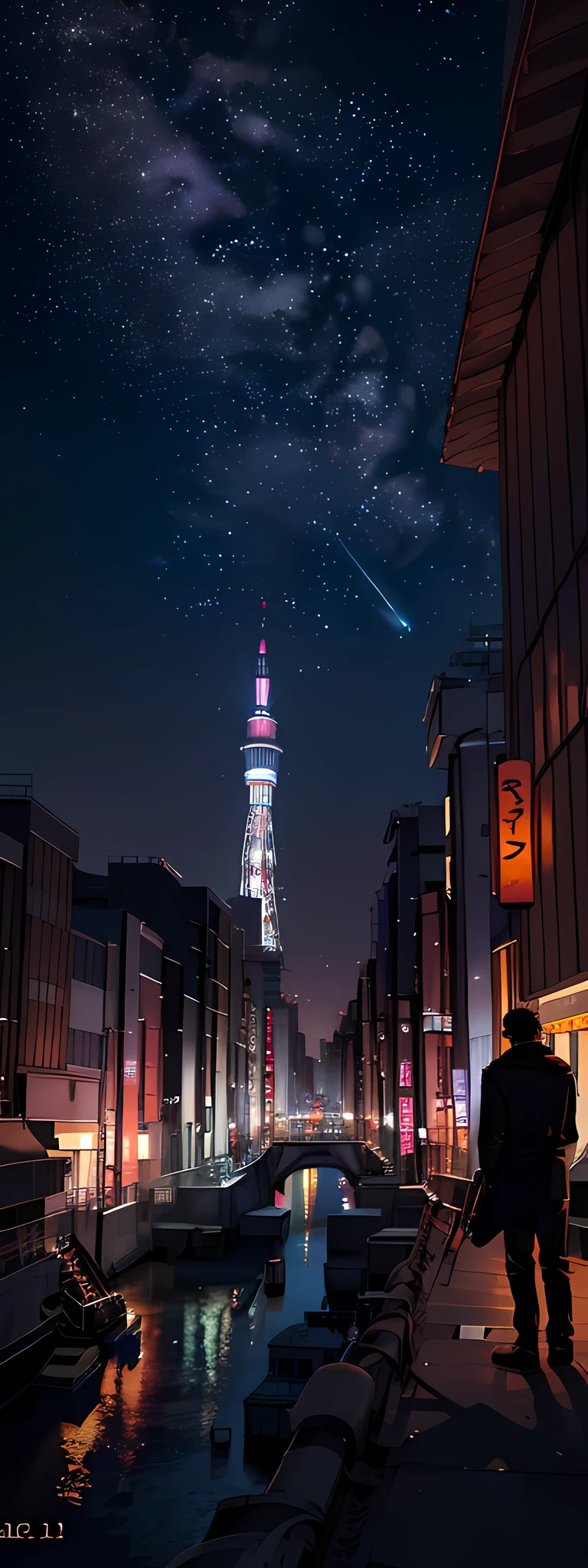 Expansive landscape photograph, (view from far away with a view of the sky and neon buildings below), a guy standing looking up the sky, 25 year old guy, short hair, black hair, glasses, loose hooded attire, dark brown skin, (full moon: 1.2), (shooting star: 0.9), (nebula: 1.3), distant buildings, tree break production art, (warm light source: 1.2), (firefly: 1.2, purple and orange, intricate detail, volume lighting, realism break (masterpiece: 1.2) (Best Quality), 4K, Ultra-Detailed, (Dynamic Configuration: 1.4), Highly Detailed and Colorful Details, (Iridescent Colors: 1.2), (Glowing Lighting, Atmospheric Lighting), Dreamy, Magical, (Solo: 1.2), tokyo