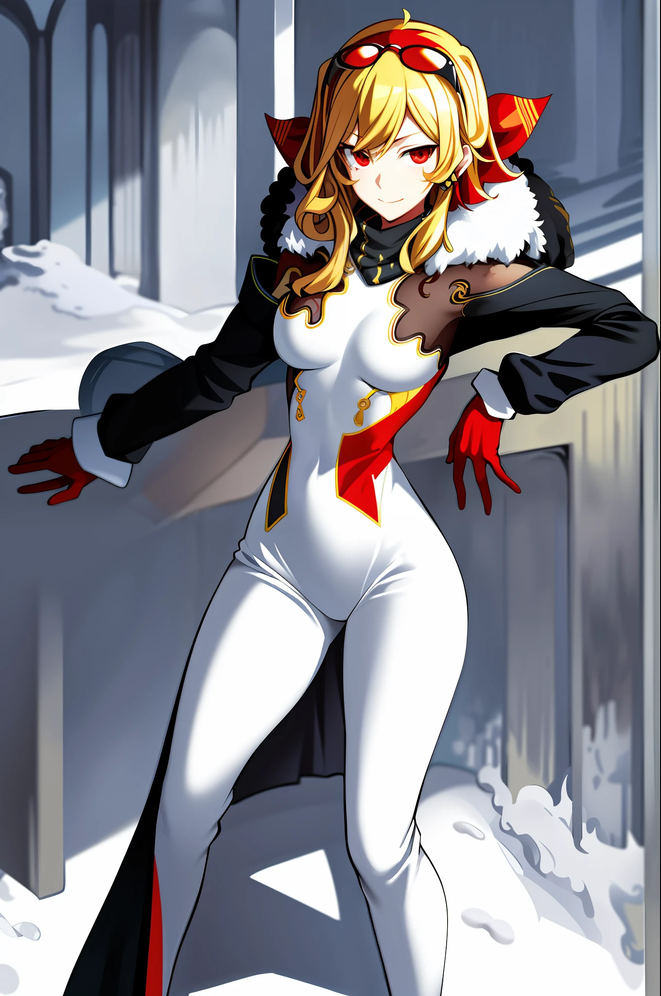 2d, masterpiece, best quality, anime, highly detailed face, highly detailed eyes, highly detailed background, perfect lighting, full body, 1girl, solo, kaela kovalskia, tall, red-tinted eyewear, eyewear on head, fur trim, white dress, bodysuit, gloves, red hairband, large breasts, snow