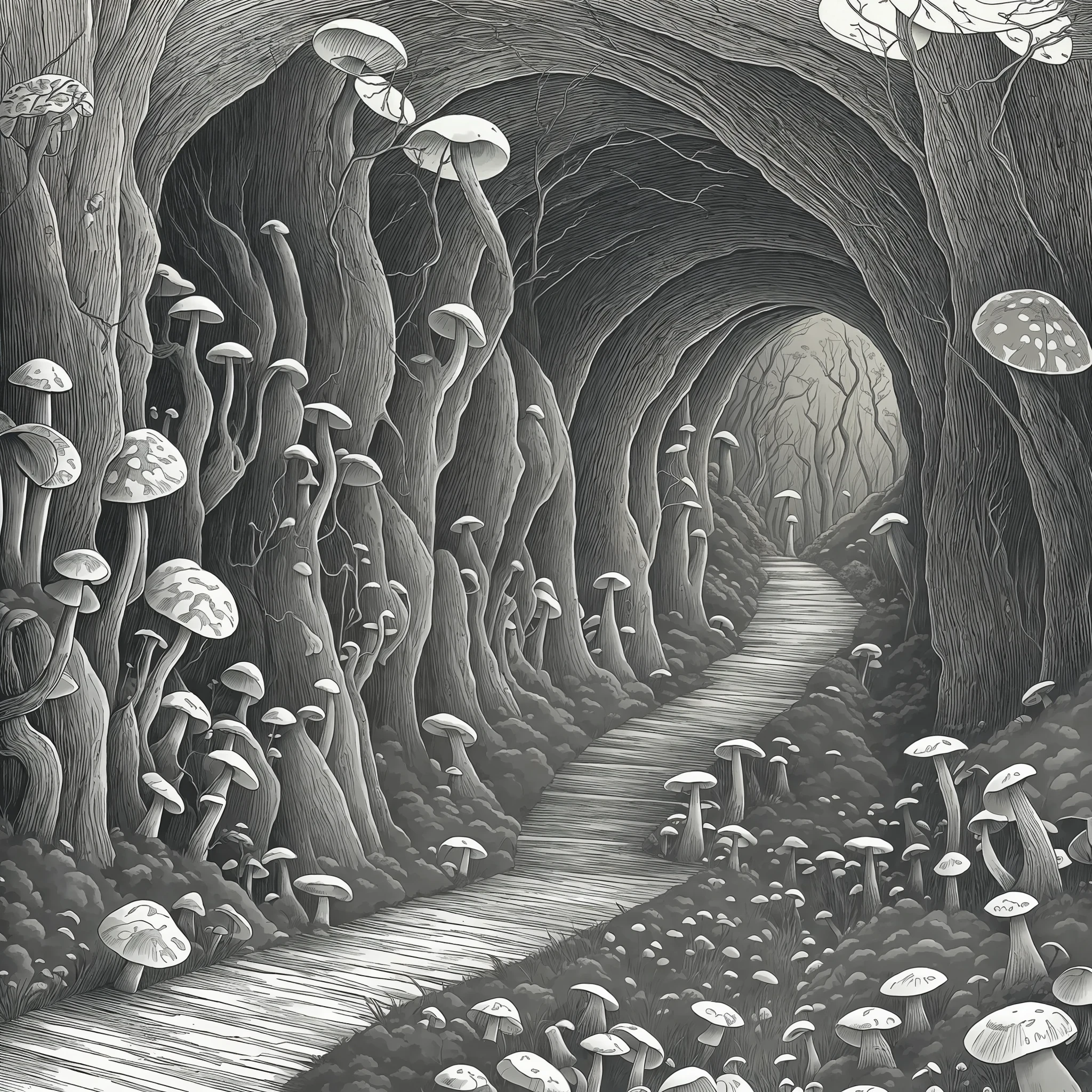 (masterpiece), top quality, ultra-detailed, black and white pencil sketch, Edward Gorey style illustration, the mossy narrow path leading from the entrance of the cave to the basement in the upper left gradually slopes down to the right, curves to the lower left, and disappears into the darkness (Mushroom: 0.8), a holistic view of its scenery, a dark, detailed and eerie landscape. --auto --s2