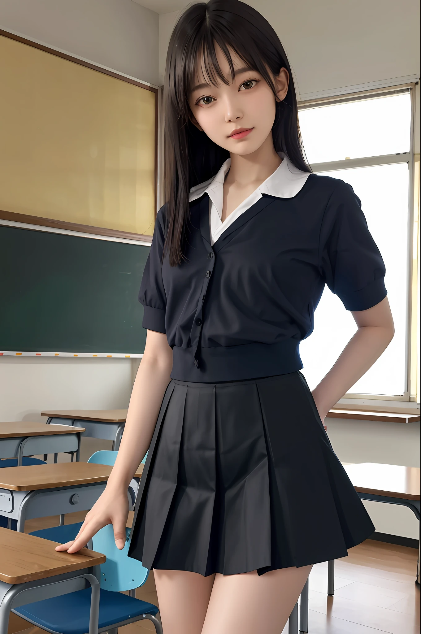 masterpiece, top quality, ultra high definition, colorful, flat color, depth of field, lens flare

1 girl, black hair, watching viewer, 18 years old, school, classroom, pleated mini skirt, school uniform, seravuk, detailed touch, detailed cloth texture, beautiful detailed face, whole body, diagonally from below