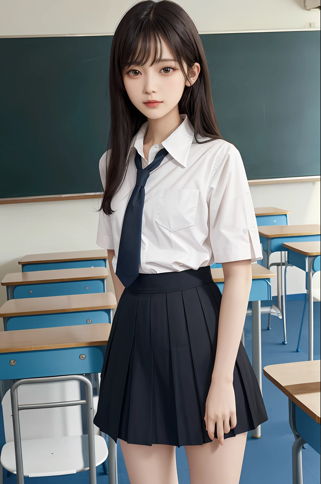 masterpiece, top quality, ultra high definition, colorful, flat color, depth of field, lens flare
1 girl, black hair, watching viewer, 18 years old, school, classroom, pleated mini skirt, school uniform, seravuk, detailed touch, detailed cloth texture, beautiful detailed face, whole body, diagonally from below