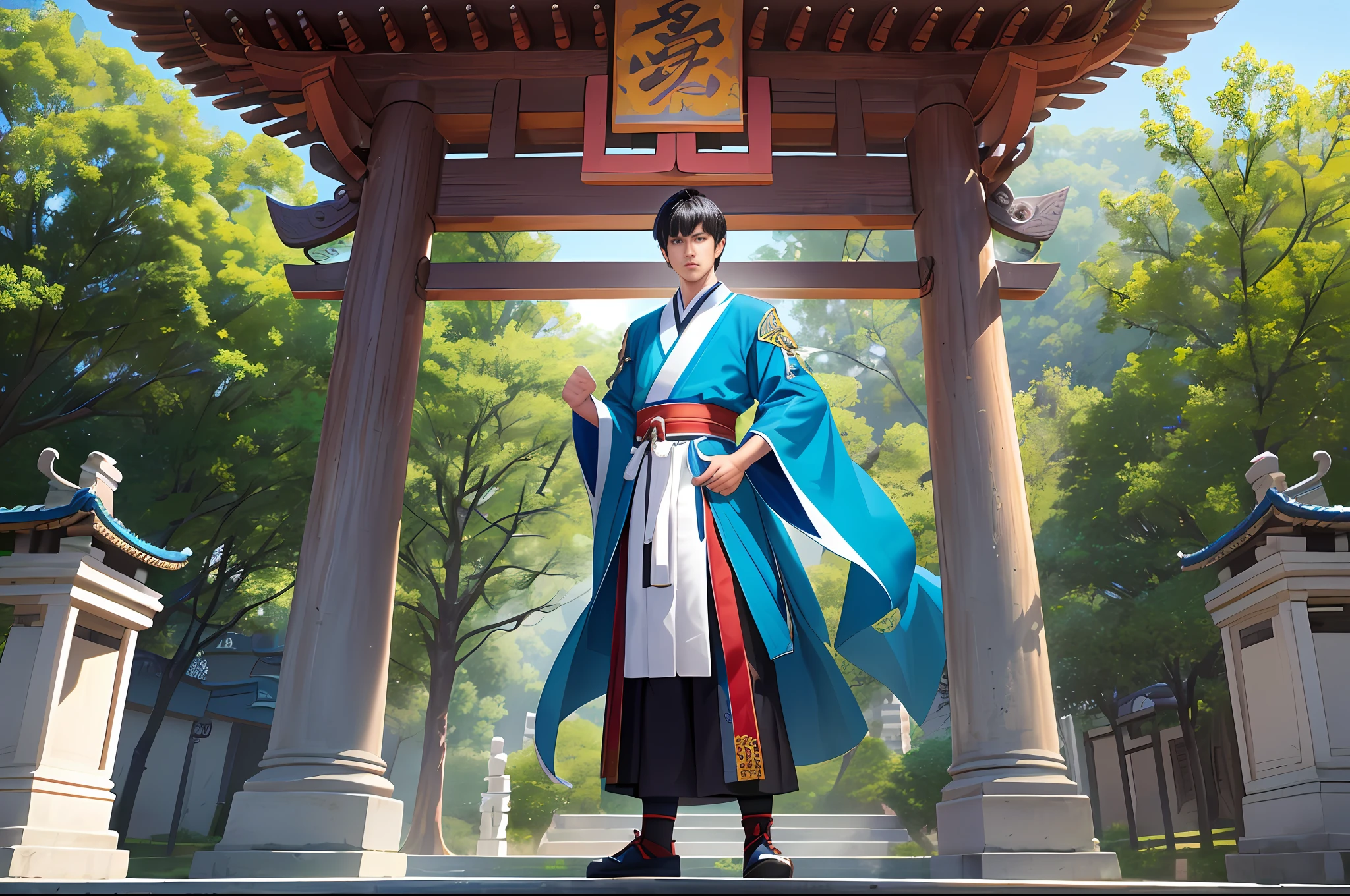 High-definition pictures, ultra-high resolution, super details. An 18-year-old boy, tall, close-up on the side, full body, cyan practice robe, black hair, super short hair, outdoor altar, standing on the altar, clenched fists. Chinese ancient style, Chinese martial arts style. 4K ultra-clear material.