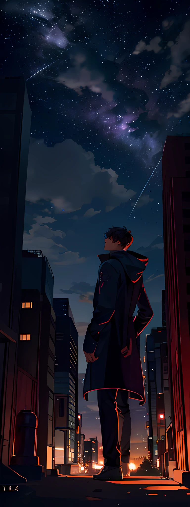 Expansive landscape photograph, (view from far away with a view of the sky and neon buildings below), a guy standing looking up the sky, 25 year old guy, short hair, black hair, glasses, loose hooded attire, dark brown skin, (full moon: 1.2), (shooting star: 0.9), (nebula: 1.3), distant buildings, tree break production art, (warm light source: 1.2), (firefly: 1.2, purple and orange, intricate detail, volume lighting, realism break (masterpiece: 1.2) (Best Quality), 4K, Ultra-Detailed, (Dynamic Configuration: 1.4), Highly Detailed and Colorful Details, (Iridescent Colors: 1.2), (Glowing Lighting, Atmospheric Lighting), Dreamy, Magical, (Solo: 1.2), tokyo