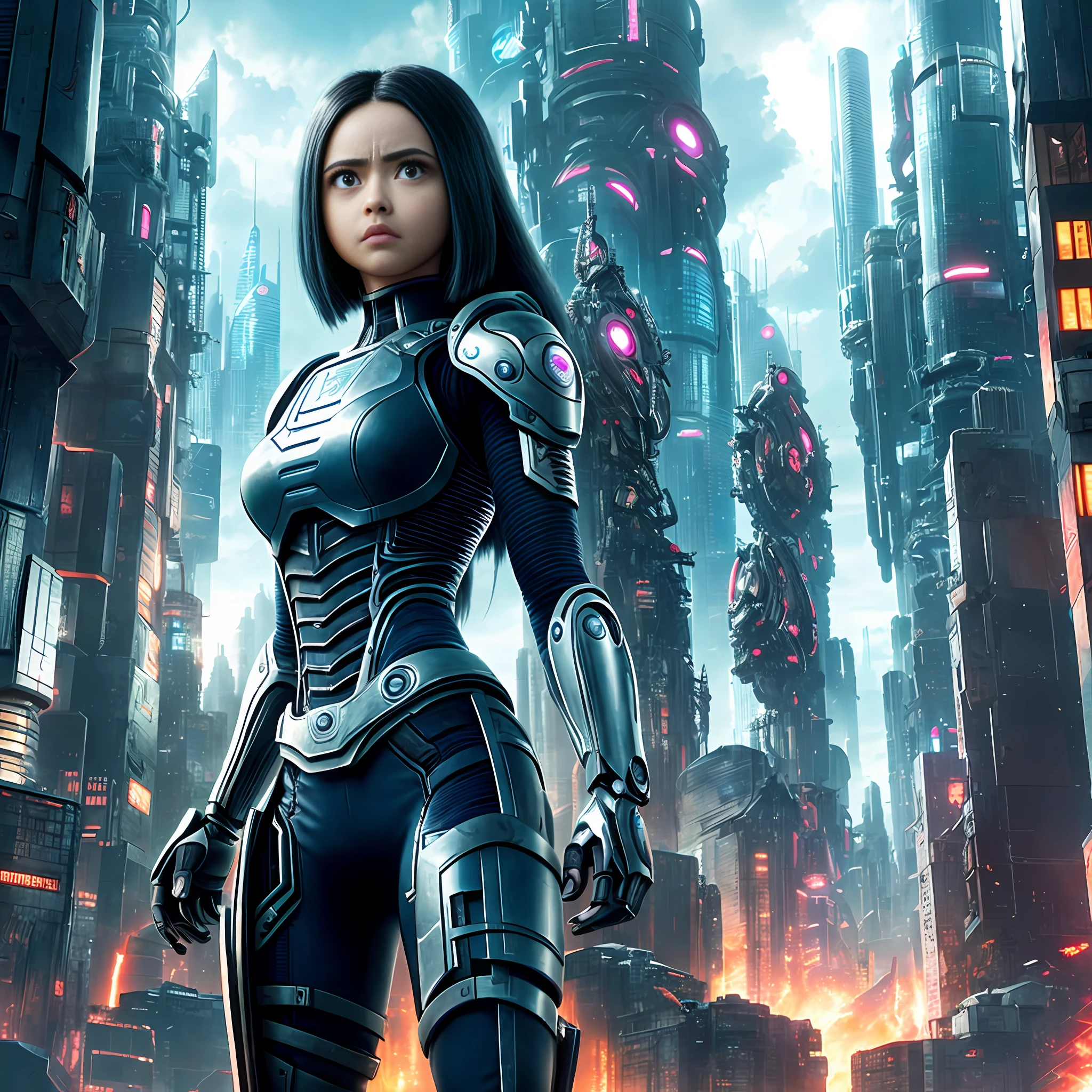 Alita battle angel cyborg girl,standing in front of the cyber futuristic city background