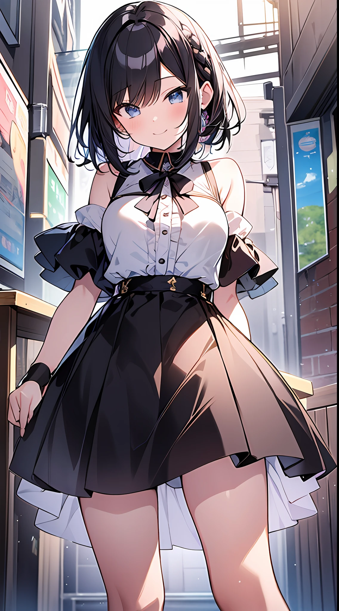 Top Quality, Masterpiece, High Resolution, 8k, Pastel Colors, Anime Style Girl with Light Shirt and Skirt, One Girl, Detailed Line Art, Bright White and Bright Amber Style, Digital Enhancement, Close Up, Anime Core, Flowing Fabric, Shoulder Length and Short Braid, Beautiful Black Hair, Big Smile, Full Body Angle