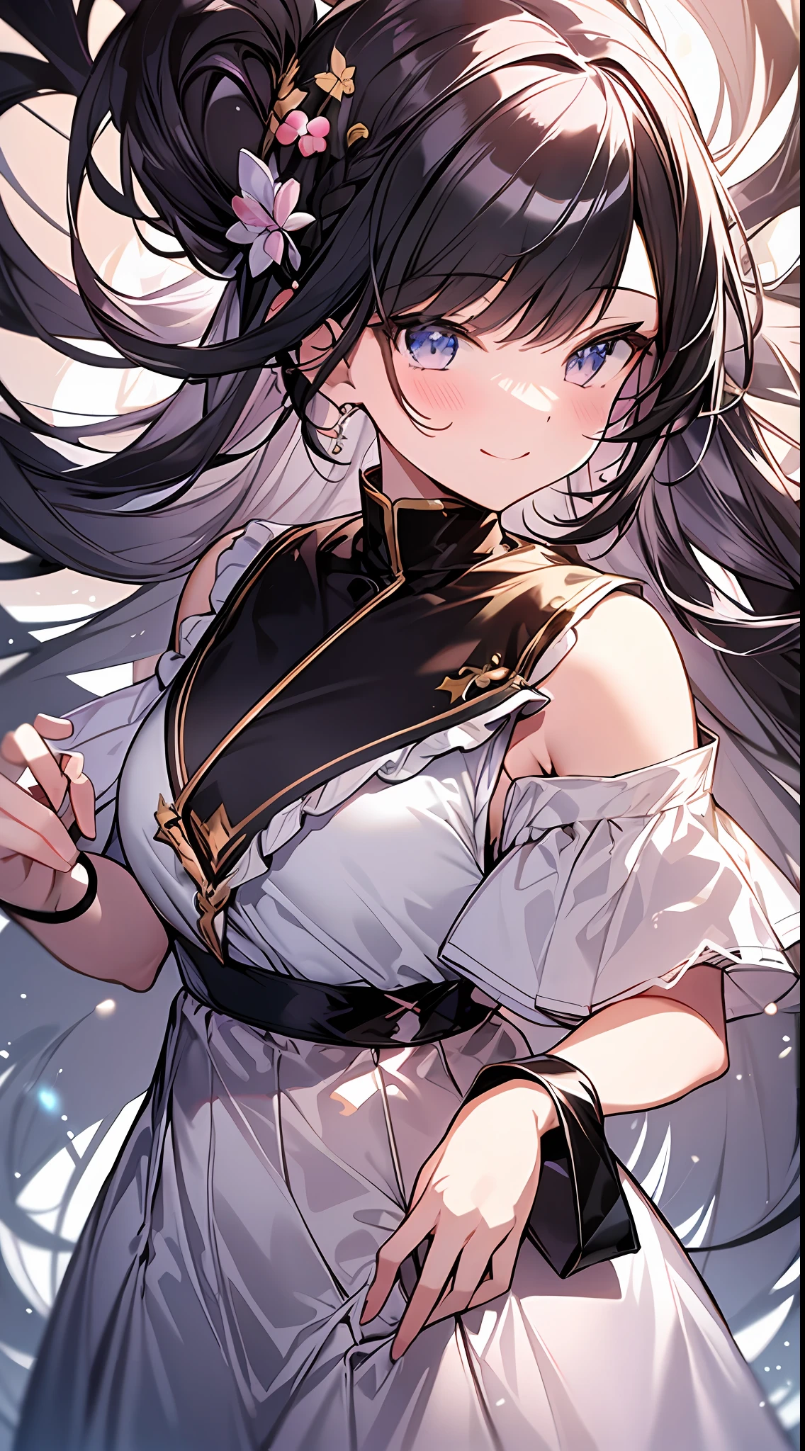 Top Quality, Masterpiece, High Resolution, 8k, Pastel Colors, Anime Style Girl with Light Shirt and Skirt, One Girl, Detailed Line Art, Bright White and Bright Amber Style, Digital Enhancement, Close Up, Anime Core, Flowing Fabric, Shoulder Length and Short Braid, Beautiful Black Hair, Big Smile, Full Body Angle