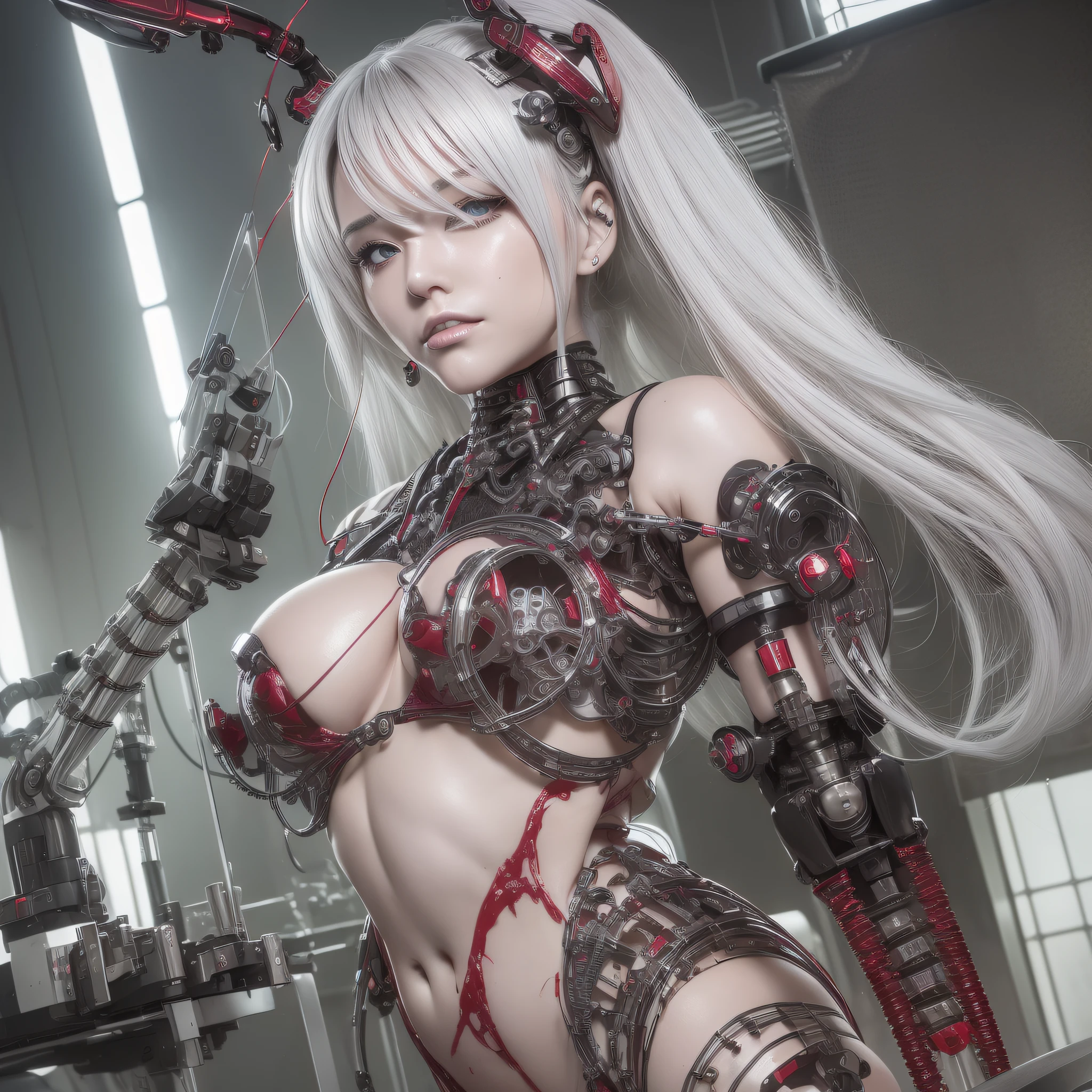 Beautiful Face,face is Japan, 1 Female, Big, Curvaceous, Top Quality, Masterpiece, Ultra Detailed, (Tube Attached Blood Vessel)((Bikini Cyborg Robot Parts)))), (Light Grey Hair), Long Hair, Wavy Hair, Twin Tails, Medium Shot, (((Seductive Smile)), (Black Eyes), Princess Cut,From Below, (whole body ),posing,,in the laboratory,( blood vessel connected to a tube),((mechanical vertebrae attached to the back)),((mechanical neck attached to the neck)),(wire cable attached to the head and body),(character focus),science fiction,