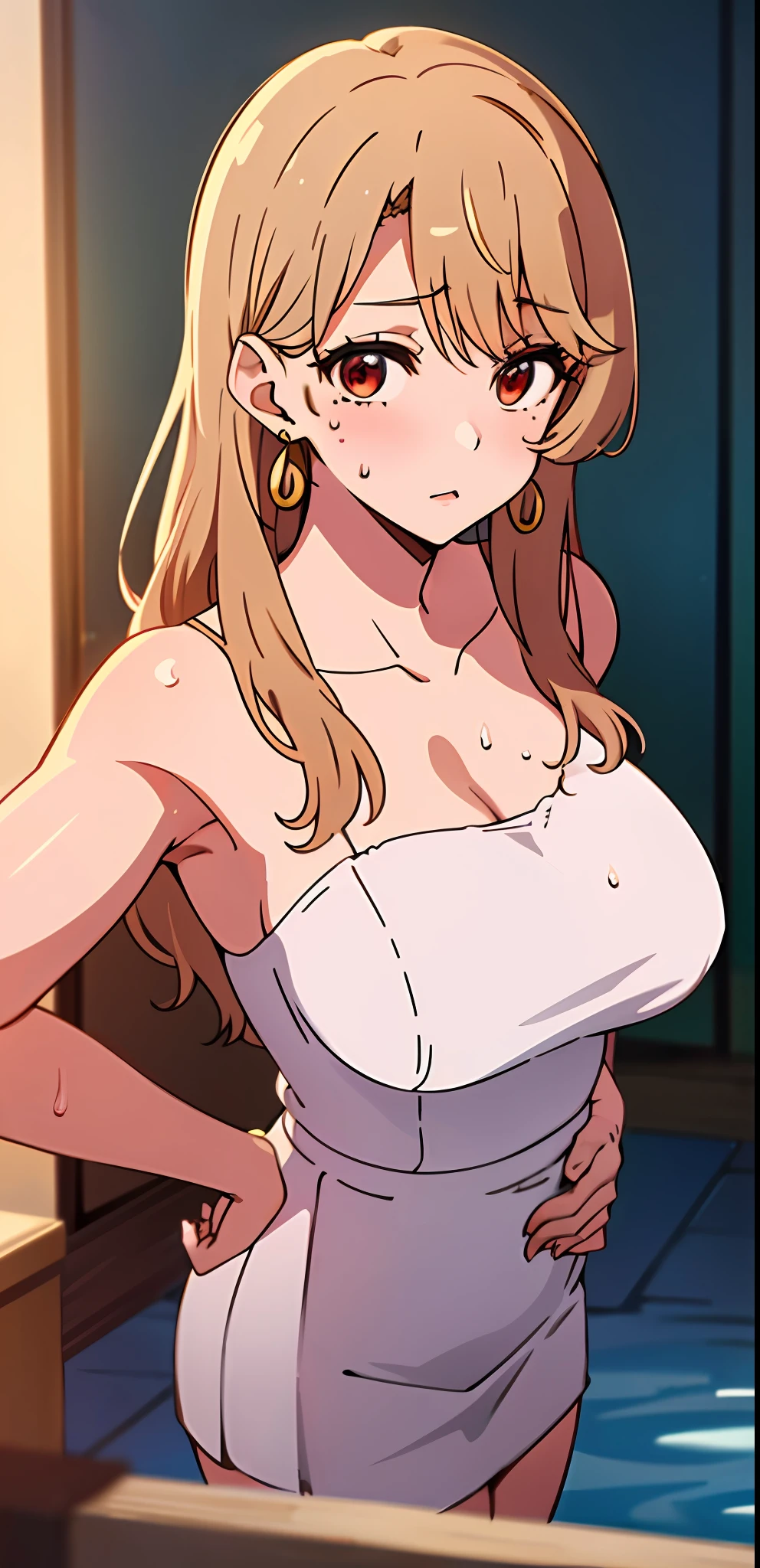 ((masterpiece, best quality)), miyako, 1girl, solo, breasts, bangs, jewelry, large_breasts, gold hooped earrings, mole, hair_behind_ear, white towel , bathing, wet, sweating, blushing, wearing towel, looking at viewer, entrance, garden, leaning forward, upper body, hands to hips, selfie, strawberry-blonde hair, red eyes