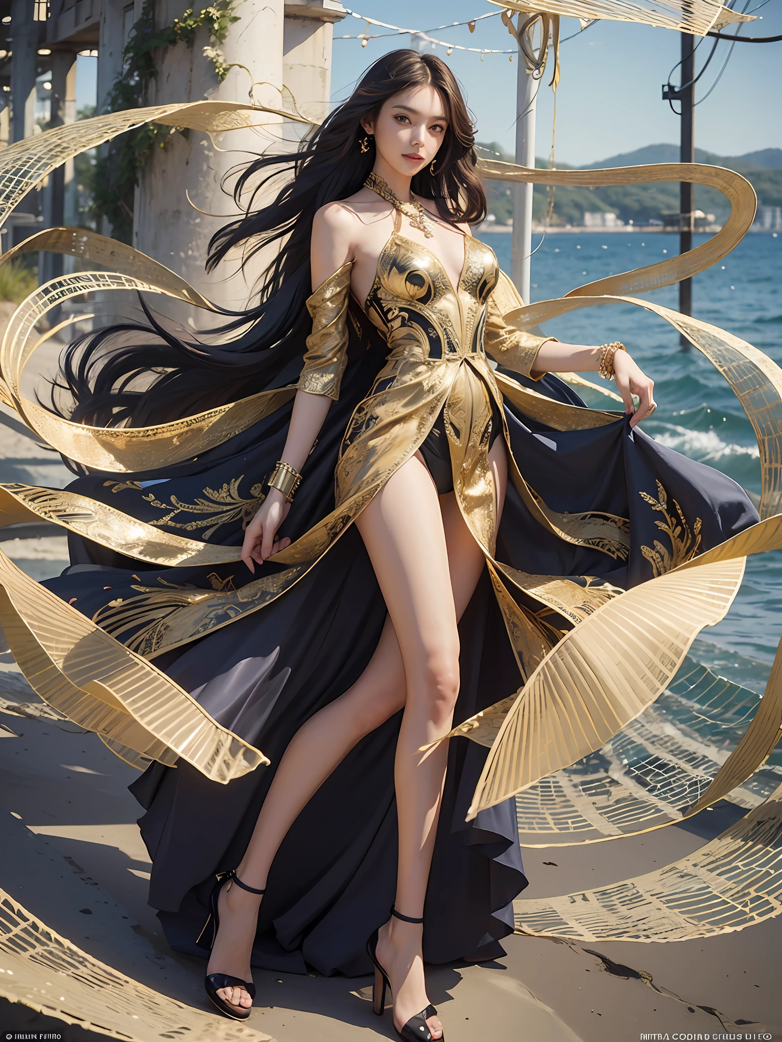 Best Quality, Masterpiece, Ultra High Resolution, (Realistic: 1.4), Original Photo, (Elongated Legs), (Beautiful Hands), 1 Girl, Solo, Standing, ((Extra Long Dress: 1.5)), In the Dark, Deep Shadows, (Jimmy Choo), (Floating Color Wind: 1), (Full Body), Perfect Big Eyes, Charming Big Eyes, Perfect Face, Beach, Sea, Smile, Low Profile, Slim Figure, ((Golden Ratio Figures)), ((Perfect Long Legs))