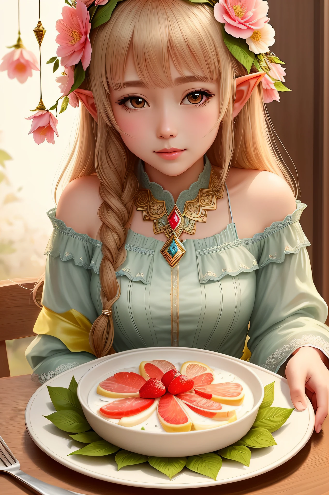 "Please create a detailed and beautiful digital illustration of Angela, the Floral Elf from Mobile Legends, sitting at a decorated table. She is holding a plate of lush food, consisting of fresh fruit, delicate flowers and other natural elements. Angela is portrayed in a realistic anime style, with soft features and adorable expressions. The environment around it is serene, with soft tones and subtle lighting highlighting its beauty. Her graceful dress and floral ornaments add a touch of elegance to the scene. Please make sure you capture the character's charming, kawaii essence."
